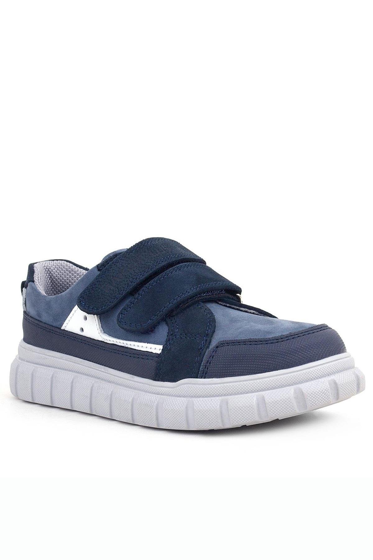 Hakiki Deri Lacivert Beyaz Cırtlı Çocuk Günlük Spor Okul Ayakkabı - Görsel 2