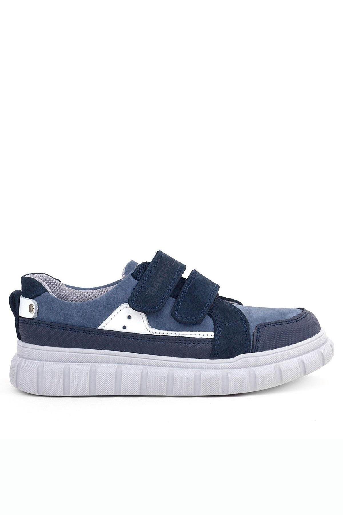 Hakiki Deri Lacivert Beyaz Cırtlı Çocuk Günlük Spor Okul Ayakkabı - Görsel 3