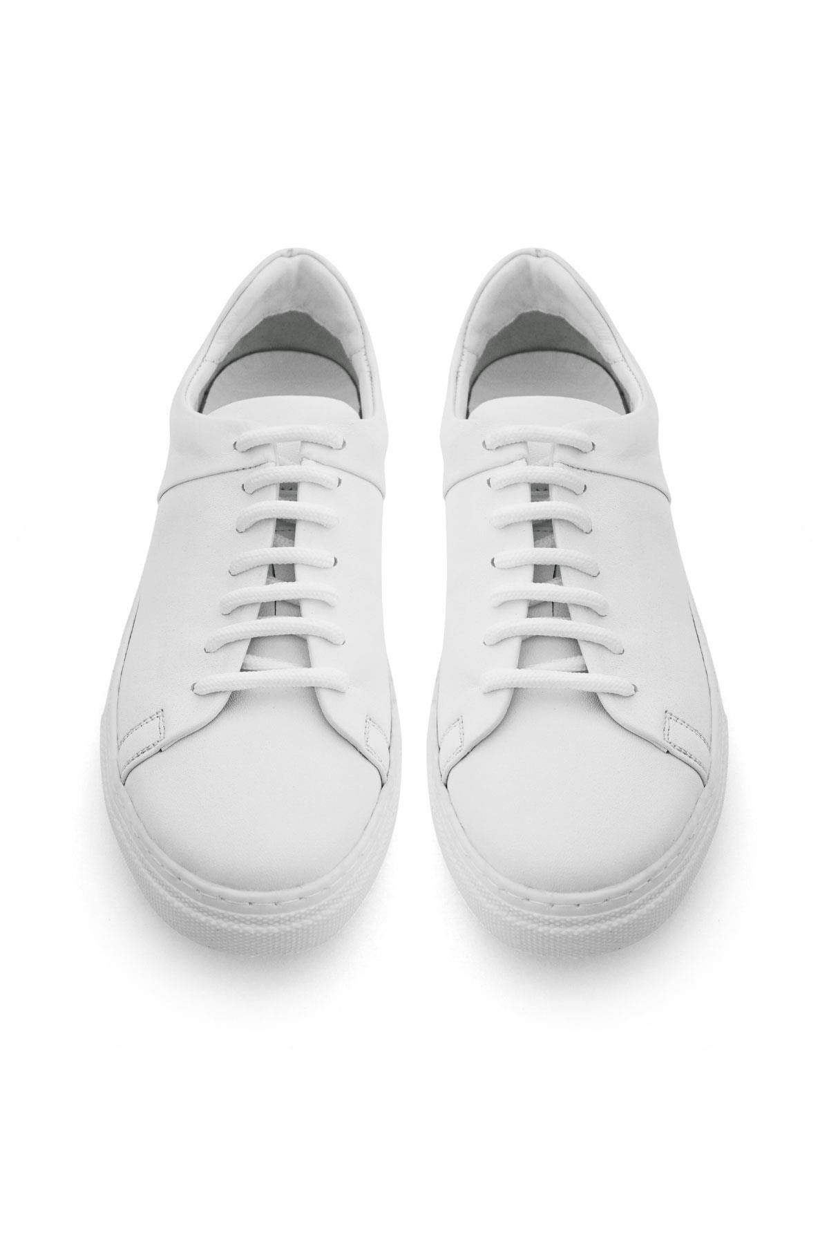 Beyaz Hakiki Deri Kadın Bağcıklı Sneaker Ayakkabı - Görsel 8