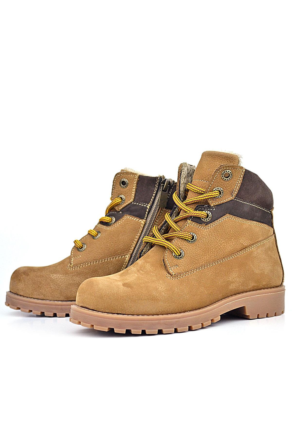 Hakiki Deri Taba Kahverengi Bağcıklı Fermuarlı Kışlık Çocuk Bot - Görsel 6