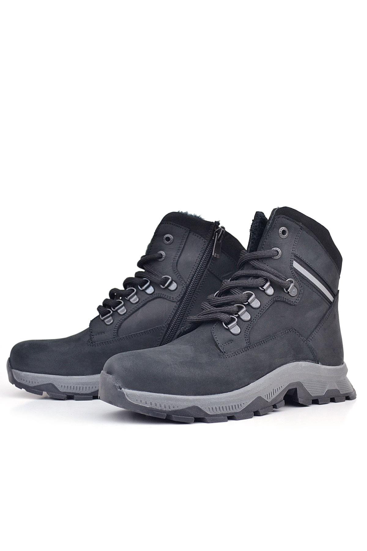 Hakiki Deri Siyah Süet Bağcıklı Fermuarlı Trekking Çocuk Bot - Görsel 7