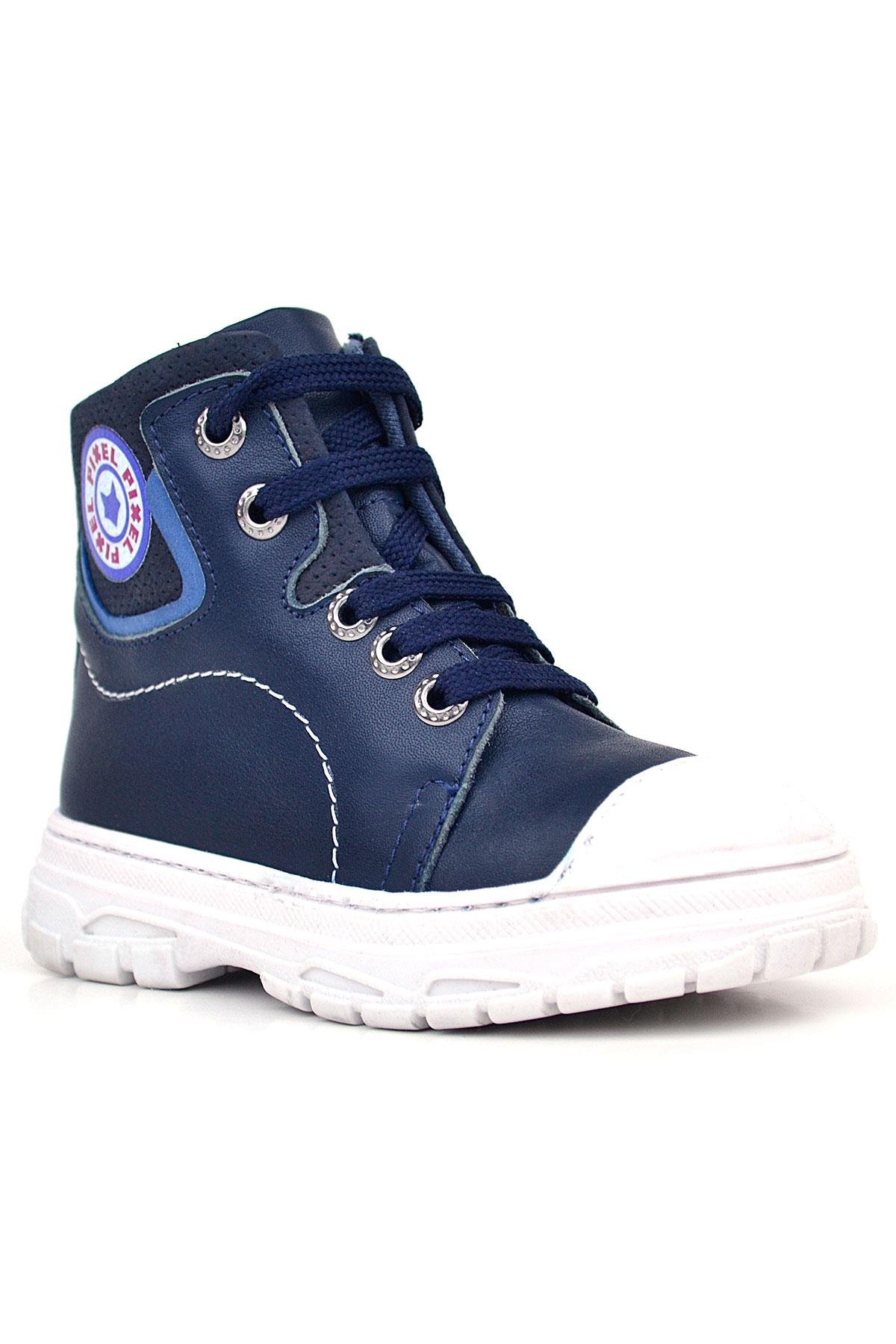 Hakiki Deri Pixel Koyu Lacivert Bağcıklı Fermuarlı Çocuk Bot - Görsel 2