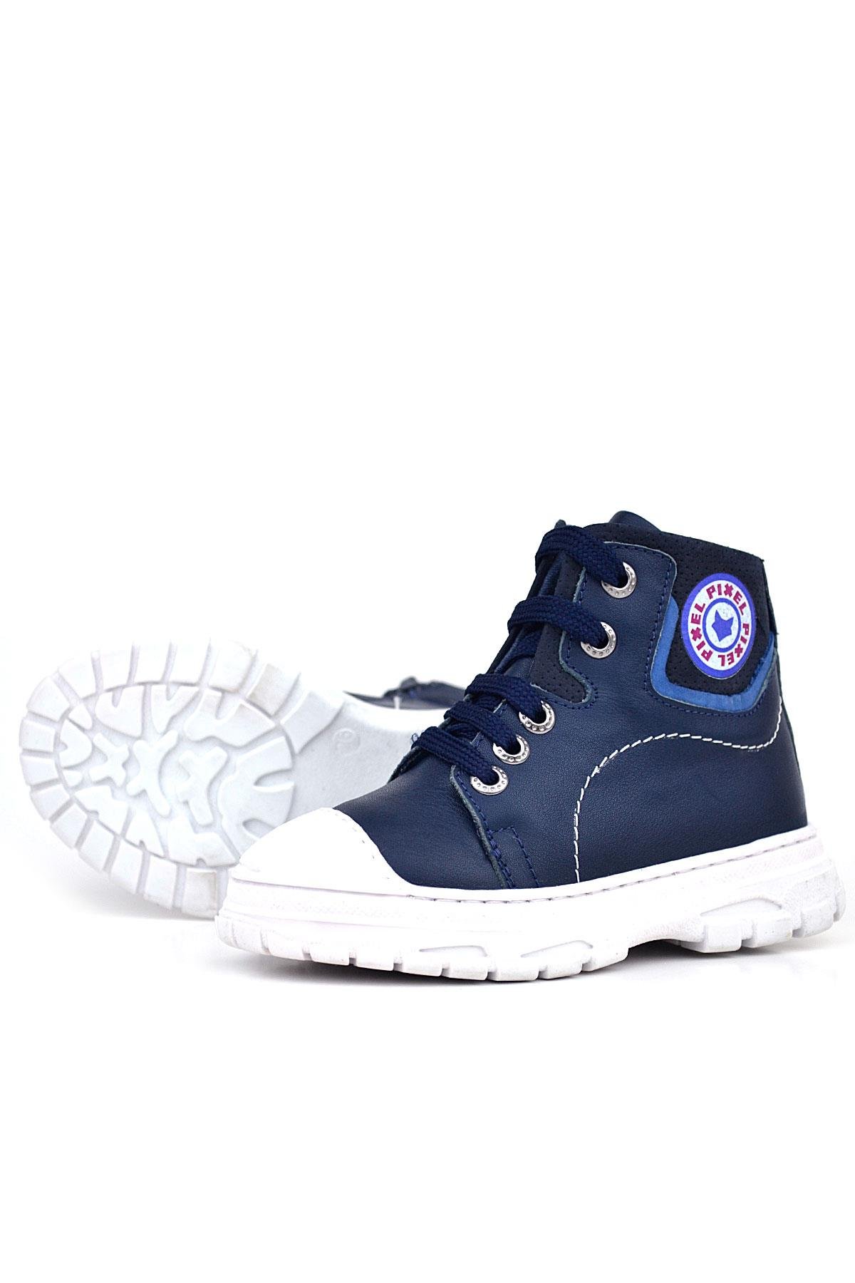 Hakiki Deri Pixel Koyu Lacivert Bağcıklı Fermuarlı Çocuk Bot - Görsel 7