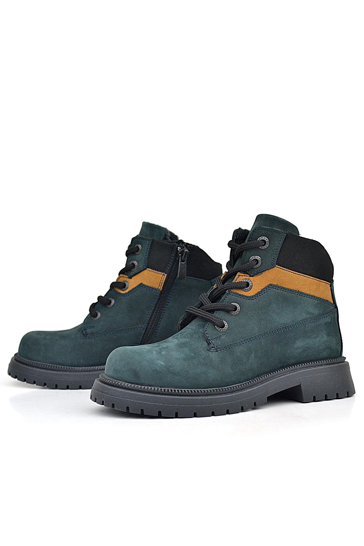 Hakiki Deri Koyu Yeşil Taba Bağcıklı Fermuarlı Kışlık Çocuk Bot - Görsel 6