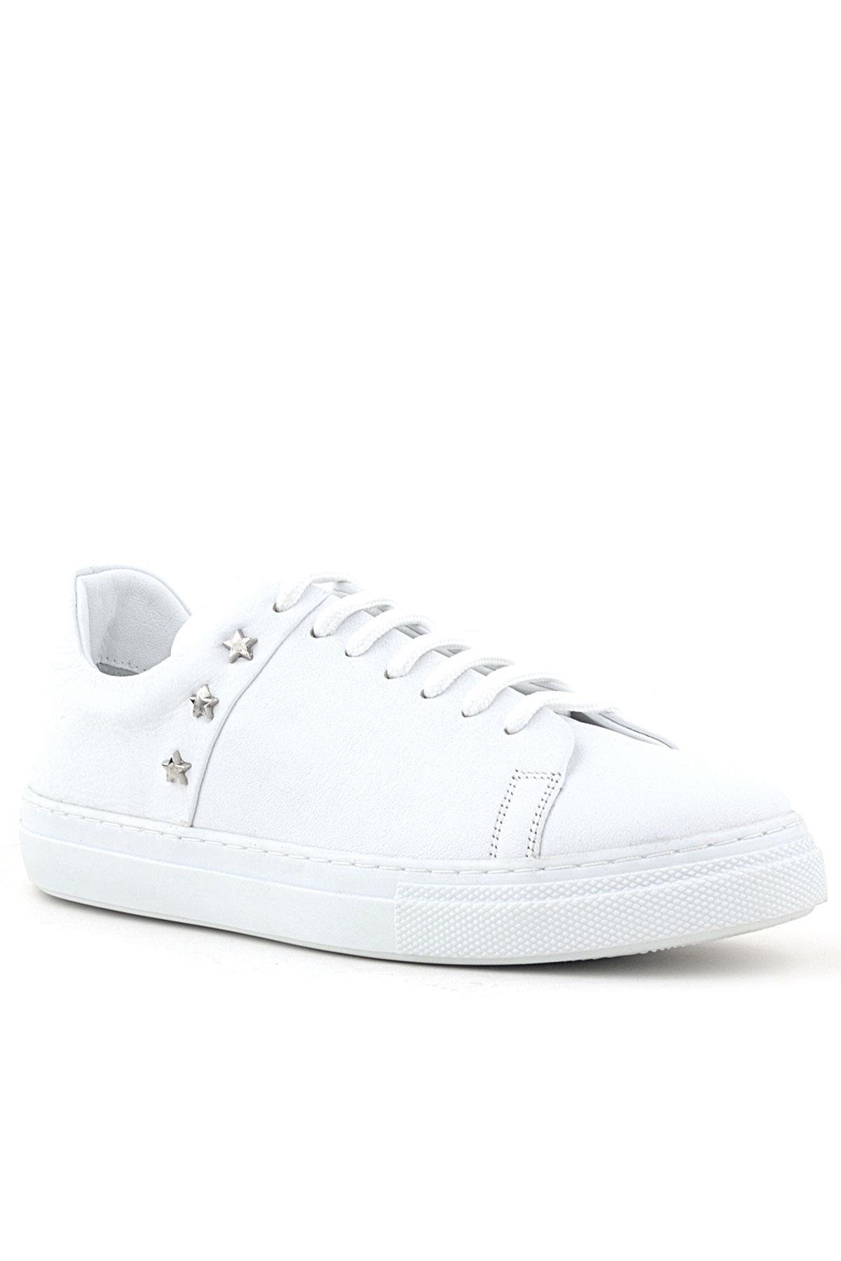 Hakiki Deri Kadın Beyaz Bağcıklı Yıldızlı Sneaker Ayakkabı - Görsel 2