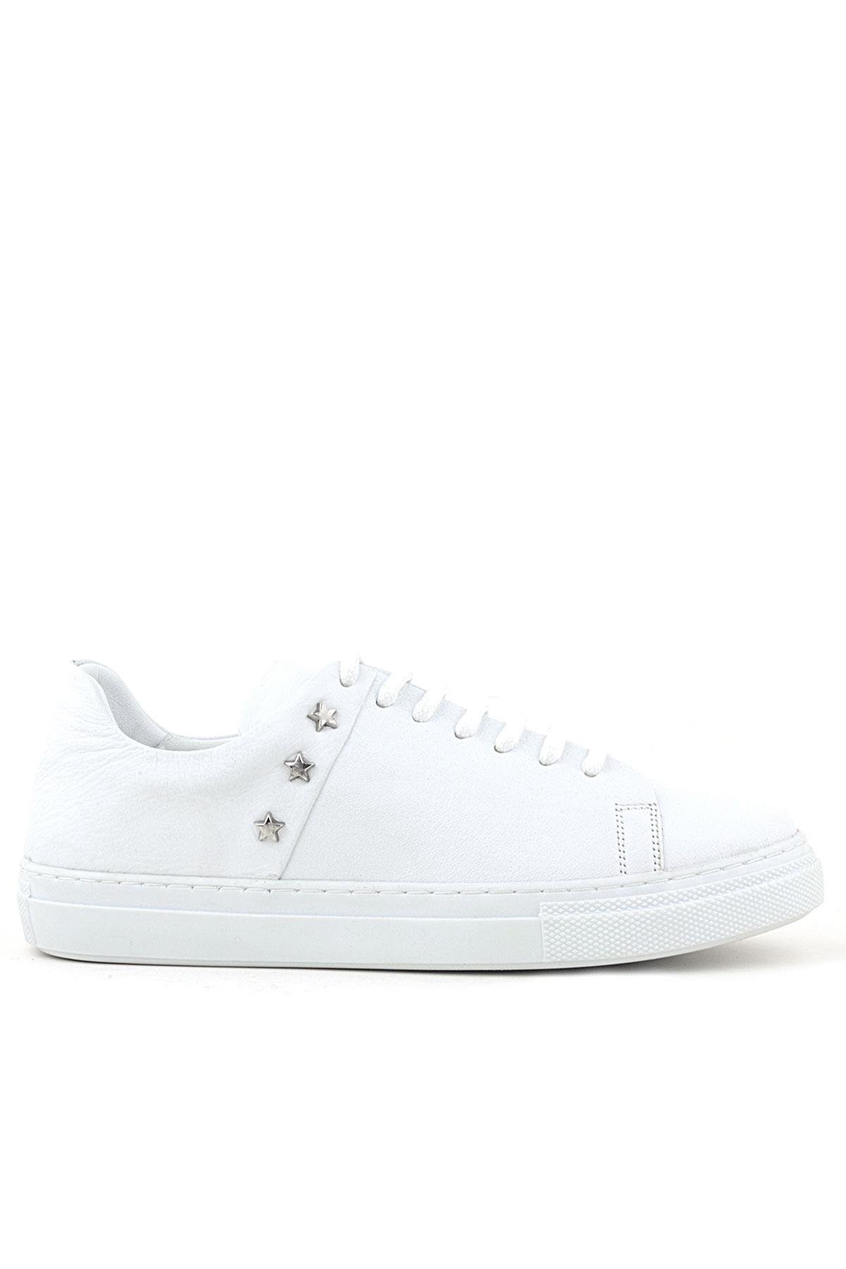Hakiki Deri Kadın Beyaz Bağcıklı Yıldızlı Sneaker Ayakkabı - Görsel 3