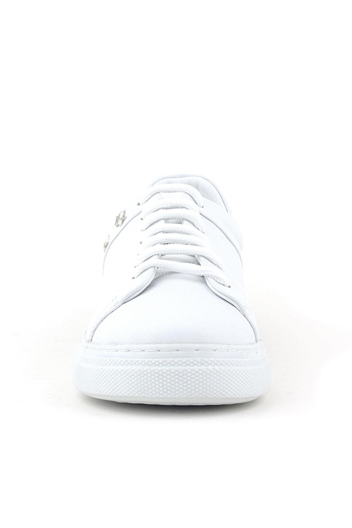 Hakiki Deri Kadın Beyaz Bağcıklı Yıldızlı Sneaker Ayakkabı - Görsel 4