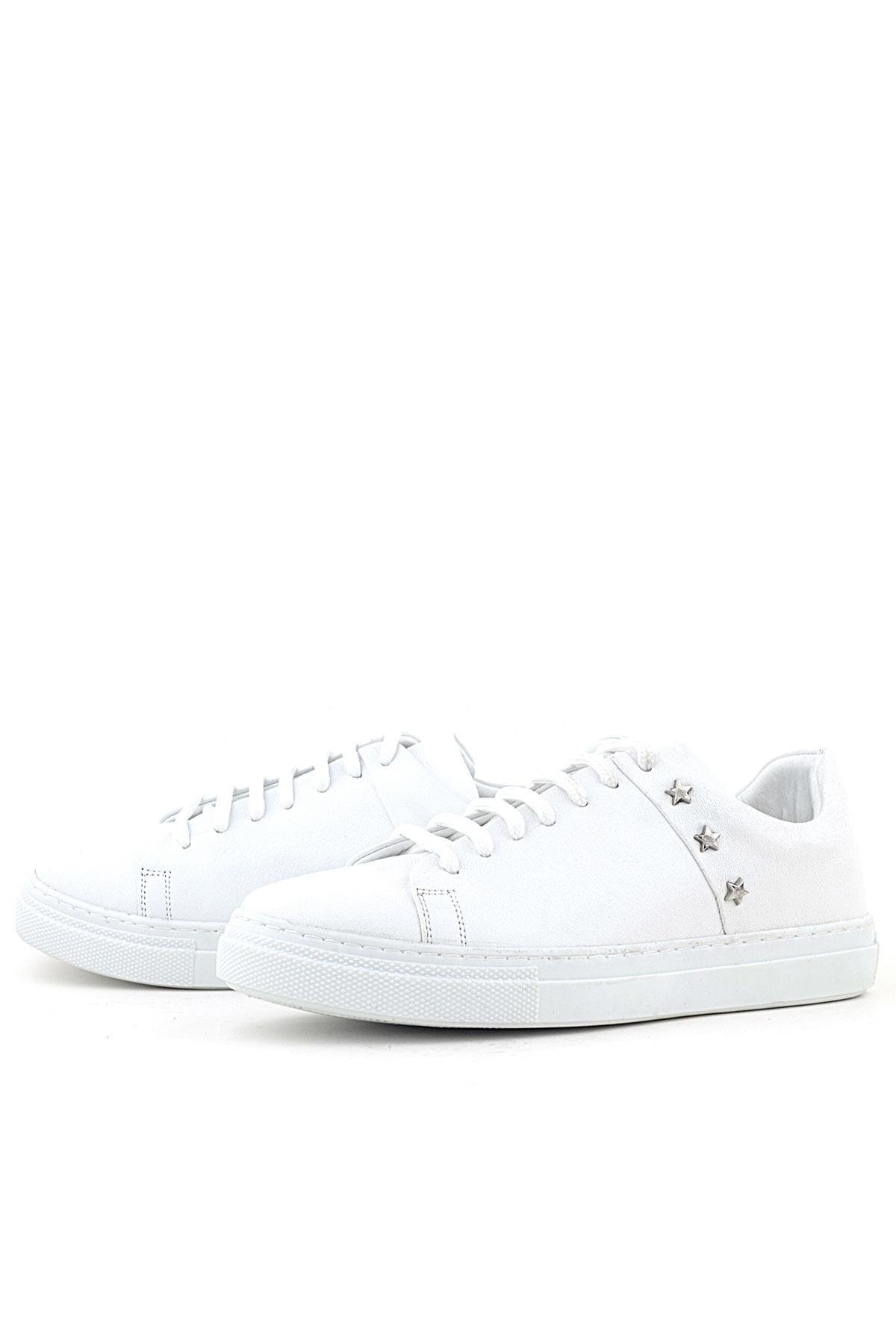 Hakiki Deri Kadın Beyaz Bağcıklı Yıldızlı Sneaker Ayakkabı - Görsel 5