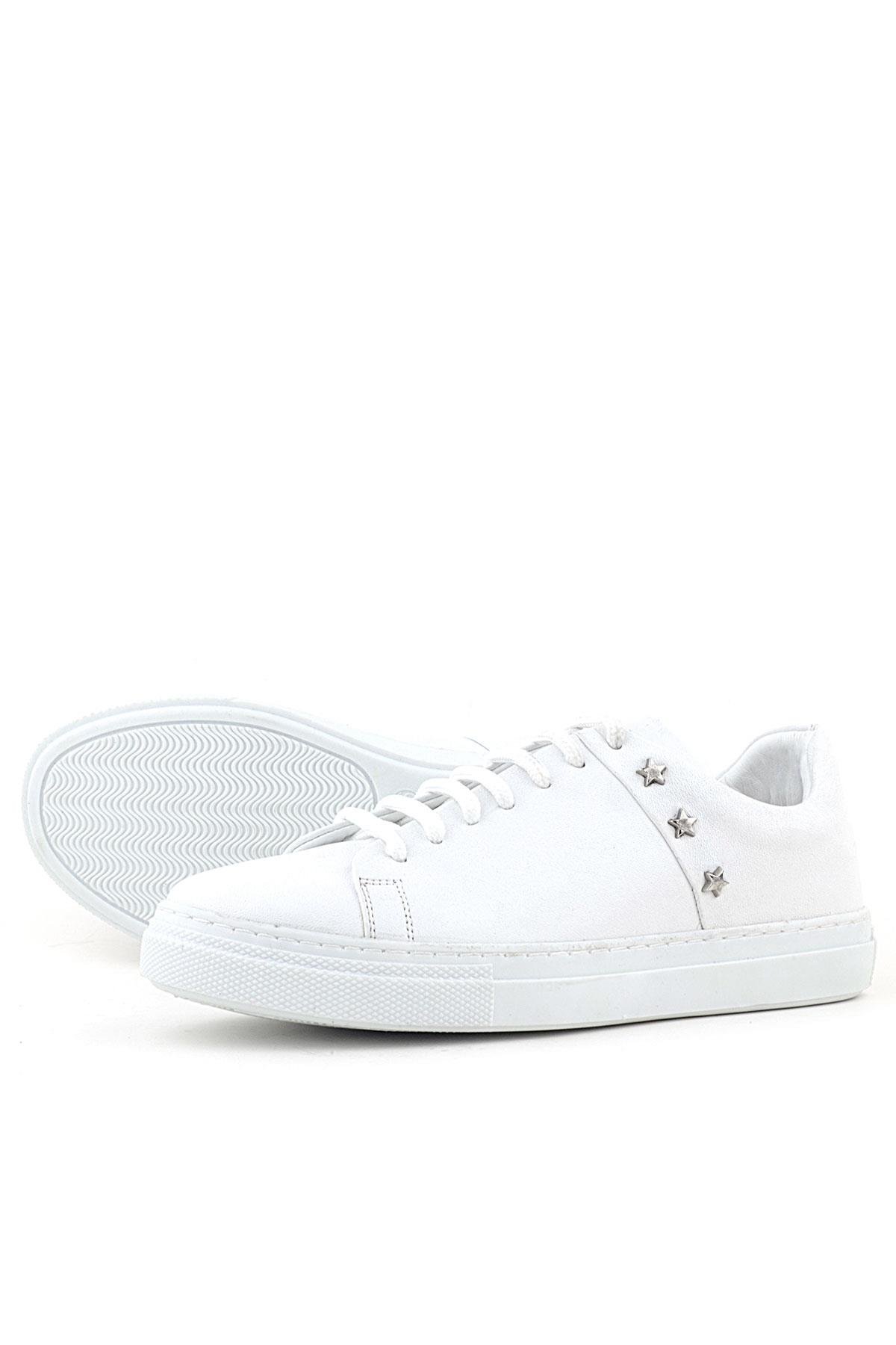 Hakiki Deri Kadın Beyaz Bağcıklı Yıldızlı Sneaker Ayakkabı - Görsel 6