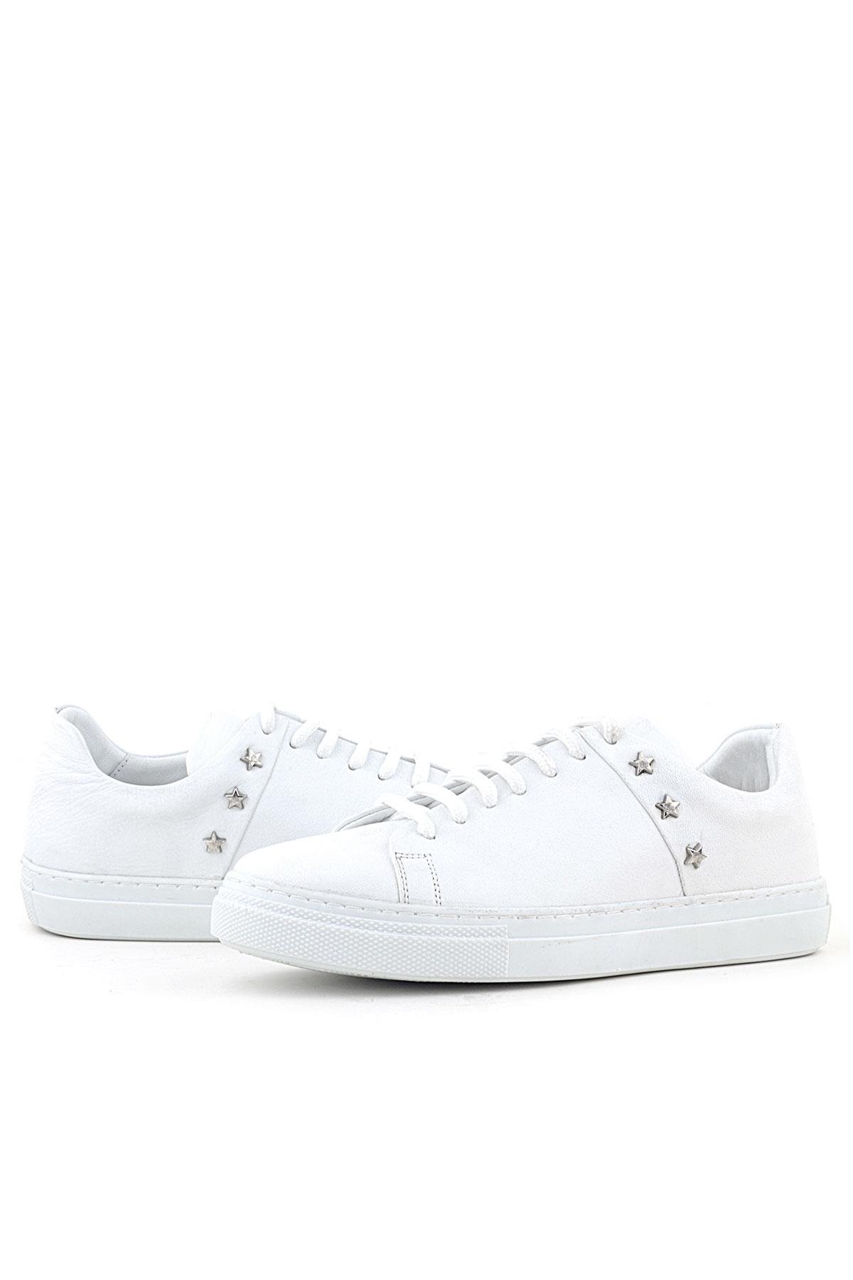 Hakiki Deri Kadın Beyaz Bağcıklı Yıldızlı Sneaker Ayakkabı - Görsel 7