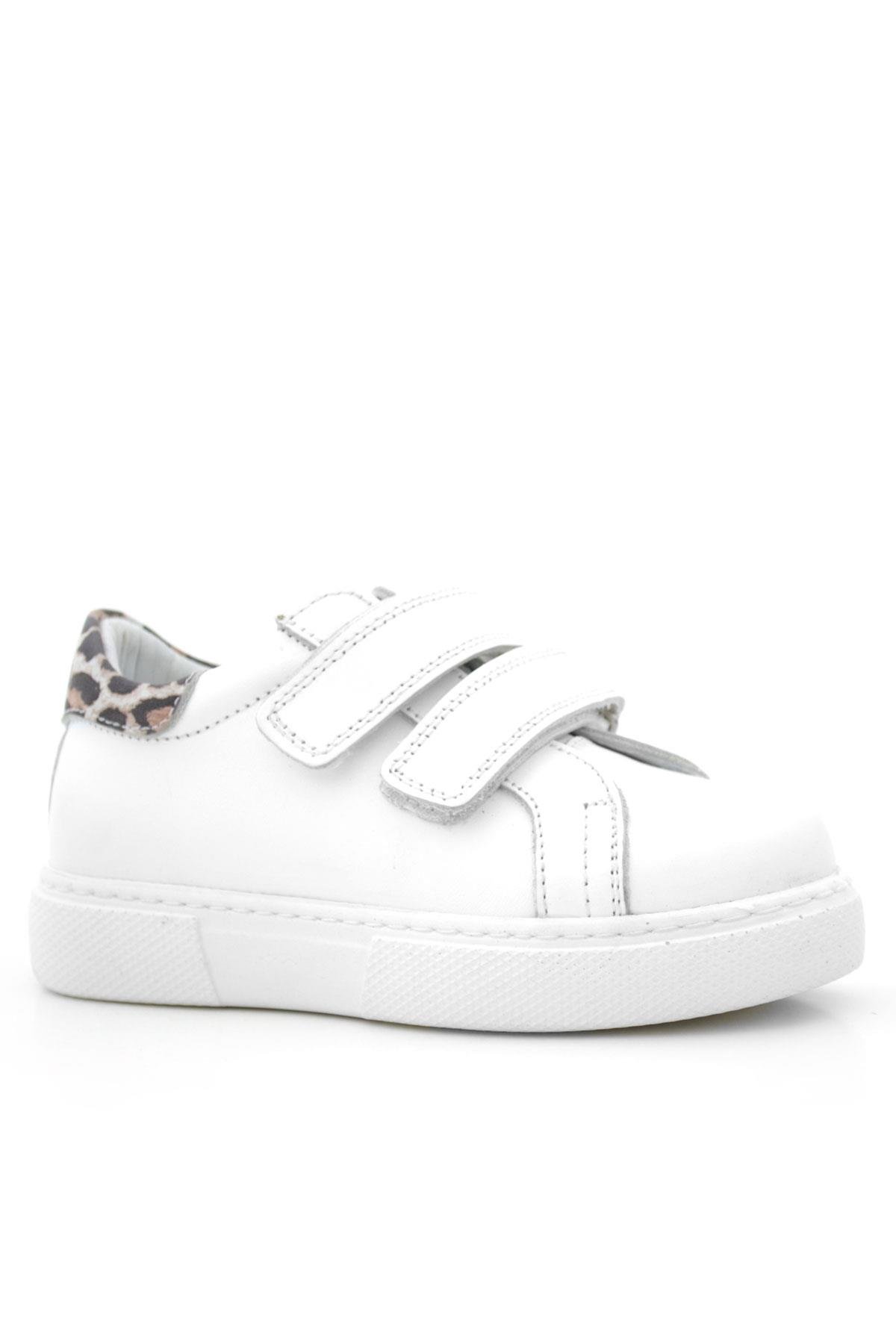 Hakiki Deri Beyaz Cırt Cırtlı Leopar Desenli Kız Çocuk Spor Ayakkabı - Görsel 2