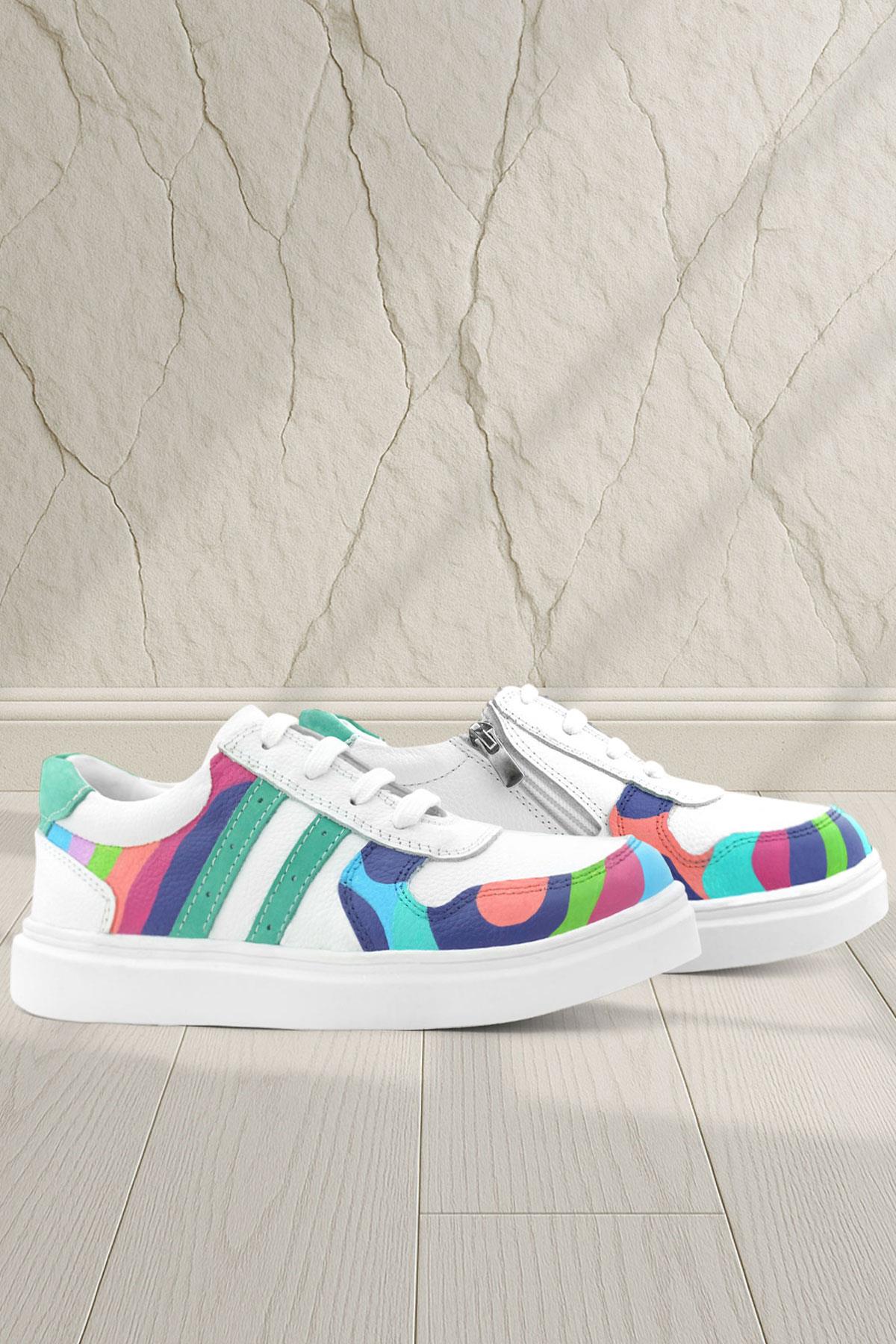 Tbons Özel Tasarım Hakiki Deri Beyaz Yeşil Bağcıklı Fermuarlı Çocuk Sneaker - Görsel 2