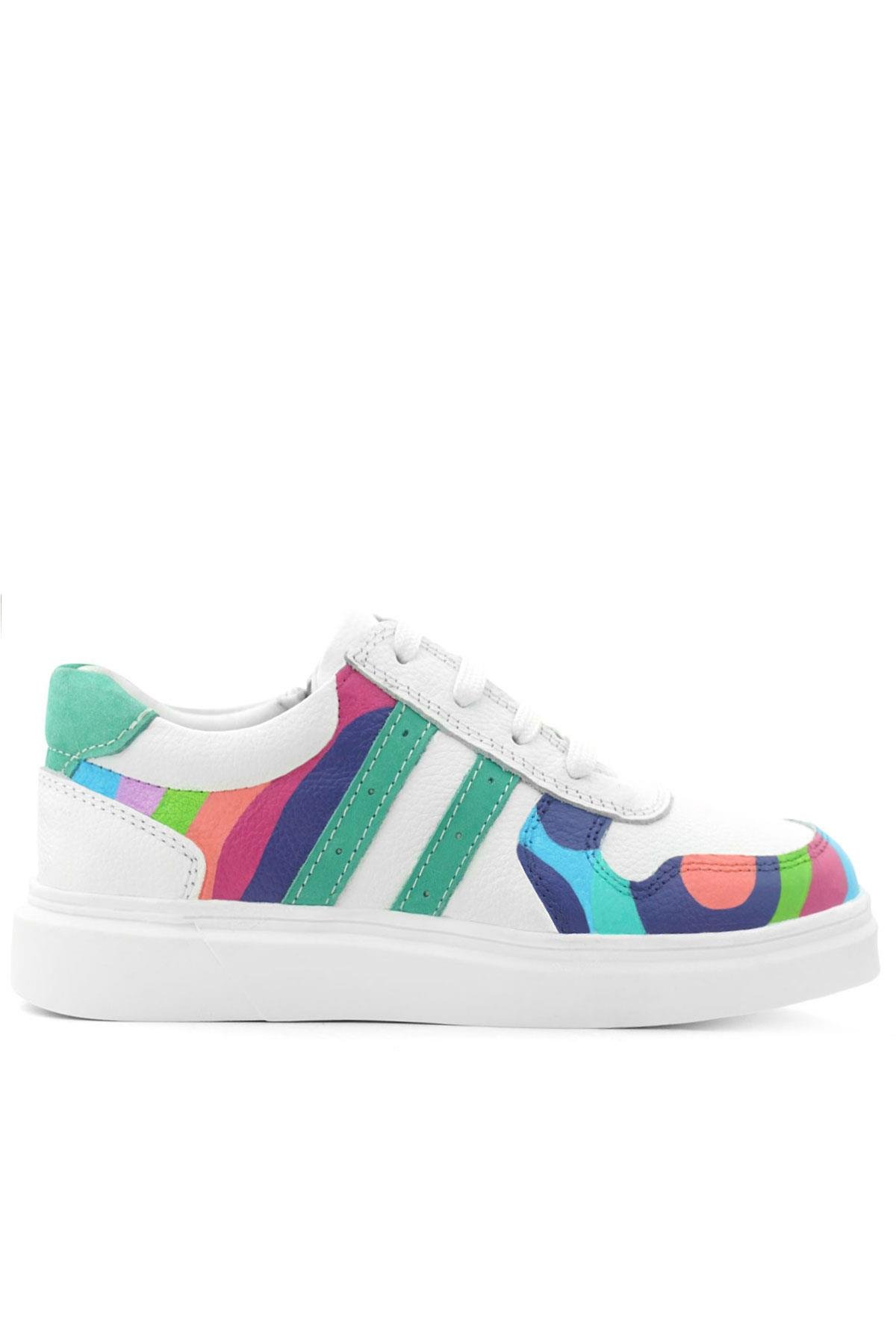 Tbons Özel Tasarım Hakiki Deri Beyaz Yeşil Bağcıklı Fermuarlı Çocuk Sneaker - Görsel 4