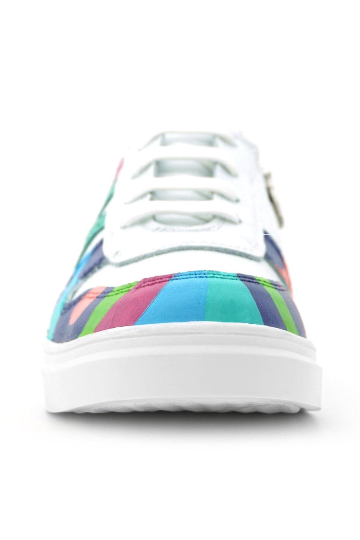 Tbons Özel Tasarım Hakiki Deri Beyaz Yeşil Bağcıklı Fermuarlı Çocuk Sneaker - Görsel 5