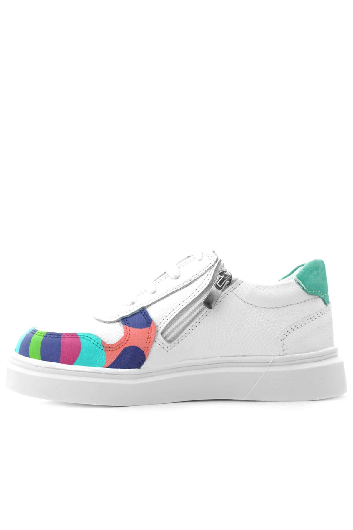 Tbons Özel Tasarım Hakiki Deri Beyaz Yeşil Bağcıklı Fermuarlı Çocuk Sneaker - Görsel 6