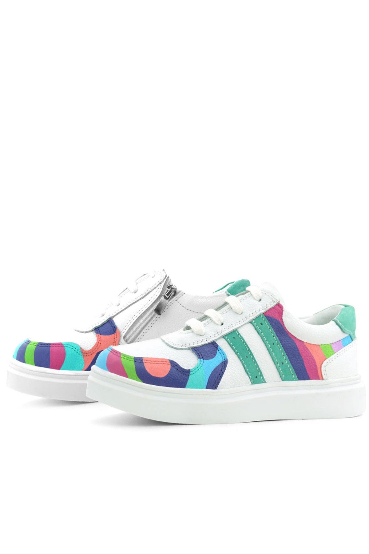 Tbons Özel Tasarım Hakiki Deri Beyaz Yeşil Bağcıklı Fermuarlı Çocuk Sneaker - Görsel 7