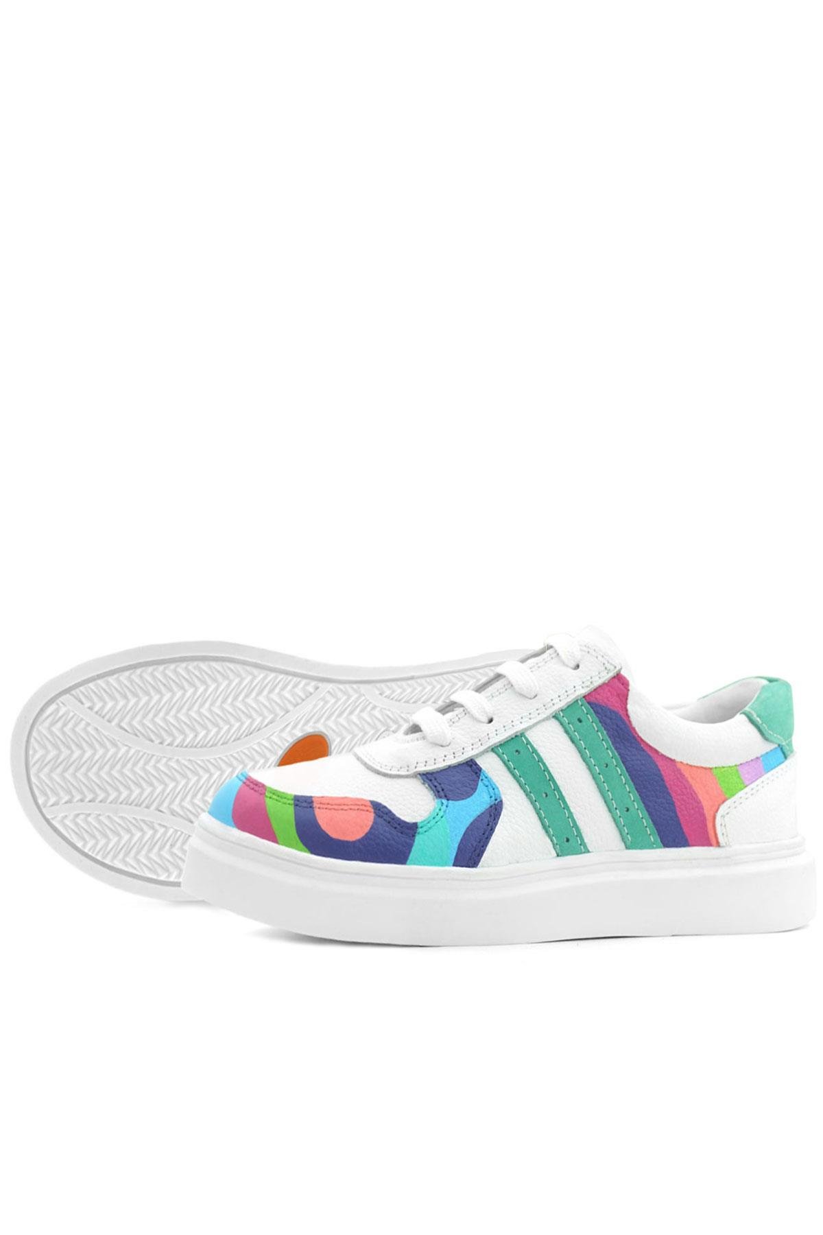 Tbons Özel Tasarım Hakiki Deri Beyaz Yeşil Bağcıklı Fermuarlı Çocuk Sneaker - Görsel 8