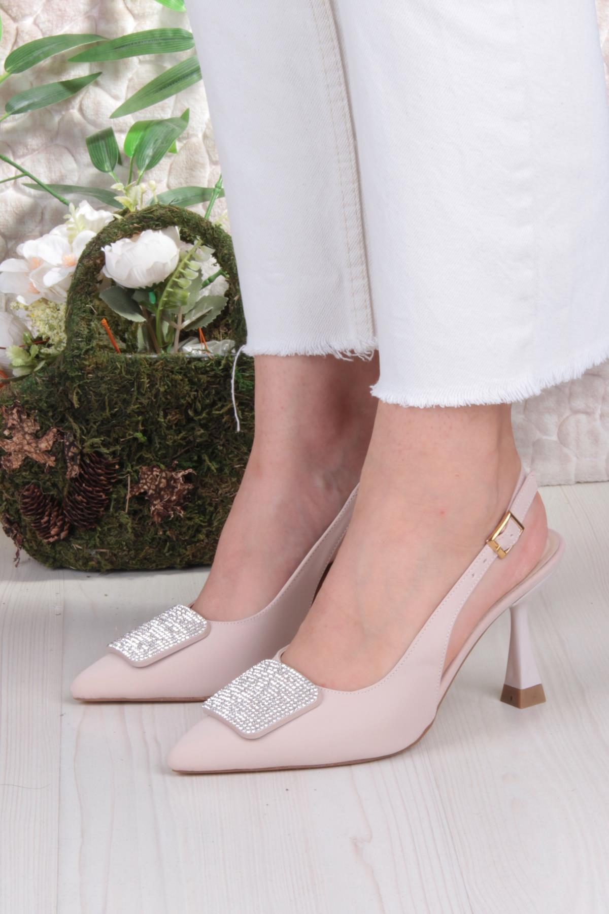 132-1333 Fls Saten Taşlı Toka Detaylı Arkası Açık Önü Kapalı Topuklu Kadın Ayakkabı - Görsel 3