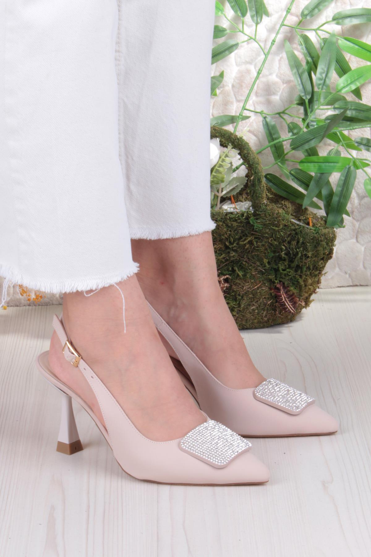 132-1333 Fls Saten Taşlı Toka Detaylı Arkası Açık Önü Kapalı Topuklu Kadın Ayakkabı - Görsel 4