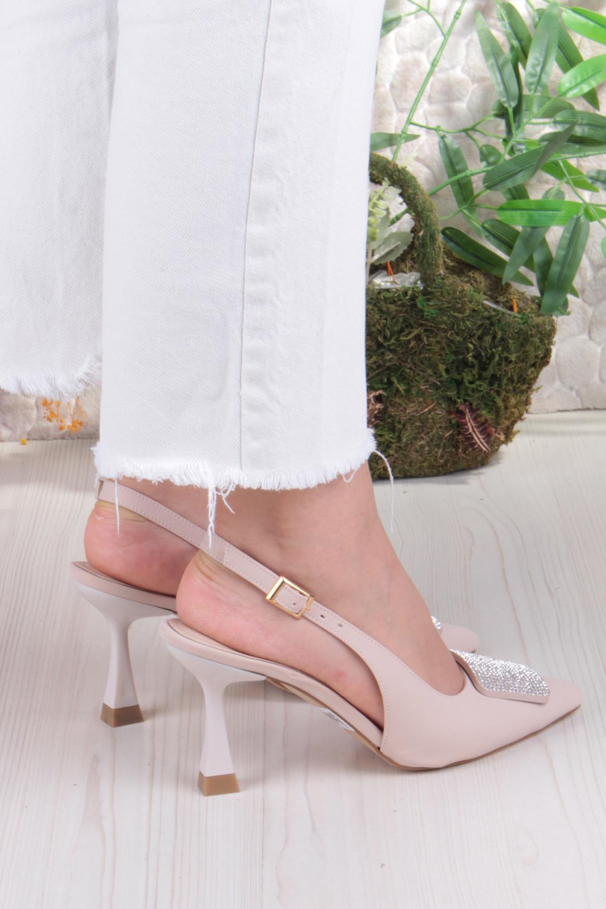 132-1333 Fls Saten Taşlı Toka Detaylı Arkası Açık Önü Kapalı Topuklu Kadın Ayakkabı - Görsel 5