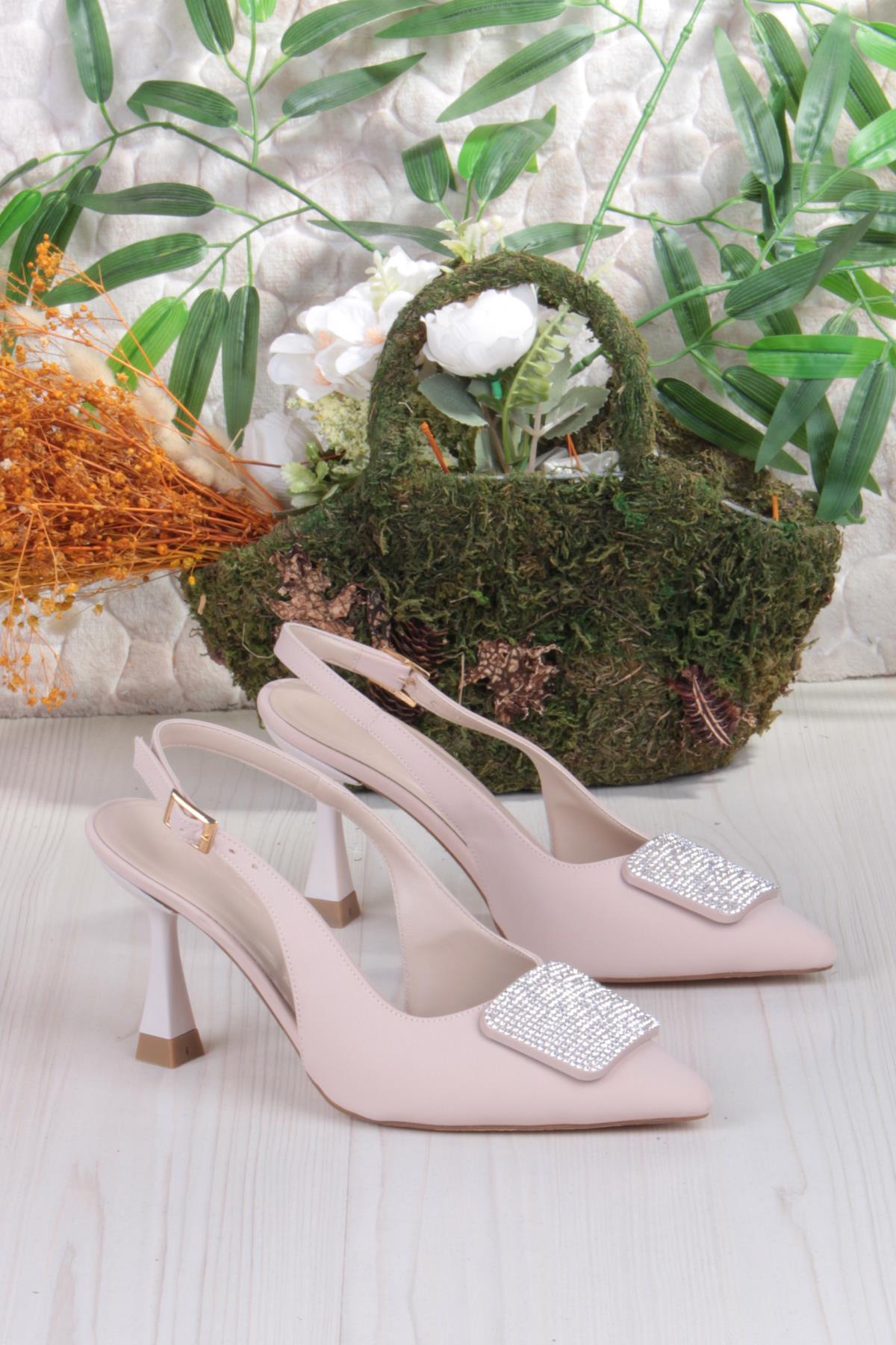 132-1333 Fls Saten Taşlı Toka Detaylı Arkası Açık Önü Kapalı Topuklu Kadın Ayakkabı - Görsel 6