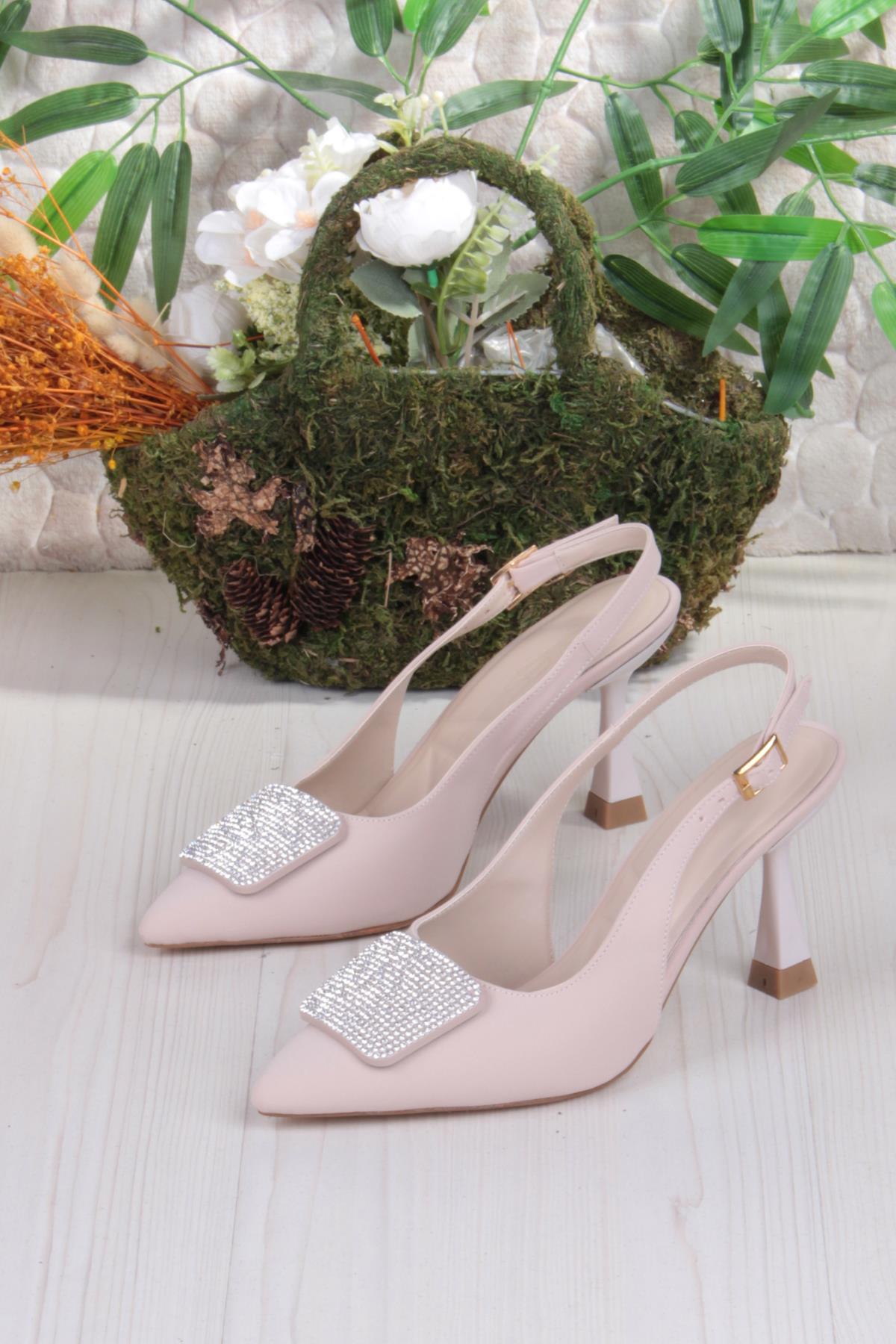 132-1333 Fls Saten Taşlı Toka Detaylı Arkası Açık Önü Kapalı Topuklu Kadın Ayakkabı - Görsel 7