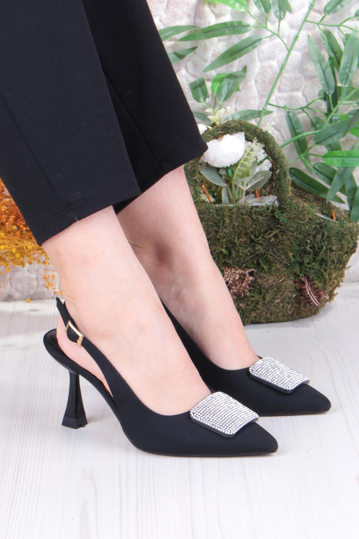 132-1333 Fls Saten Taşlı Toka Detaylı Arkası Açık Önü Kapalı Topuklu Kadın Ayakkabı - Görsel 2