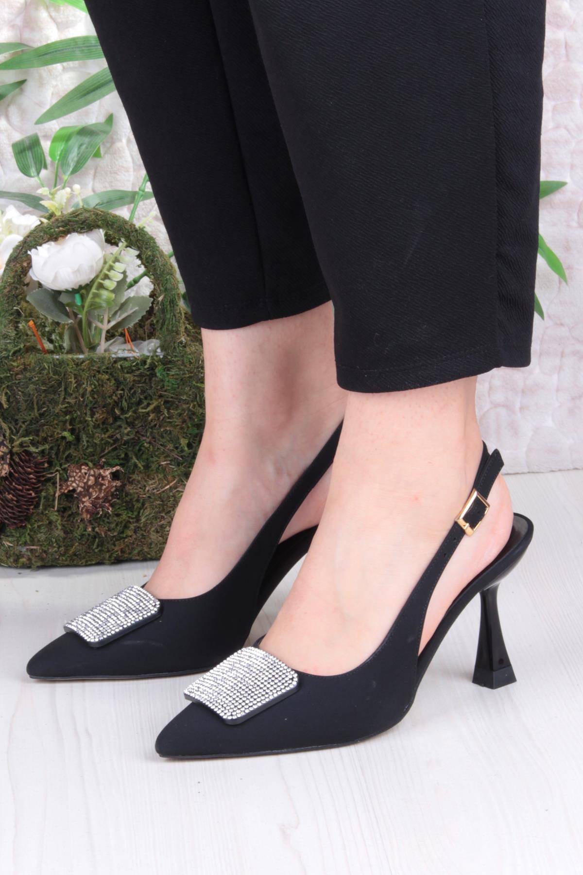 132-1333 Fls Saten Taşlı Toka Detaylı Arkası Açık Önü Kapalı Topuklu Kadın Ayakkabı - Görsel 3