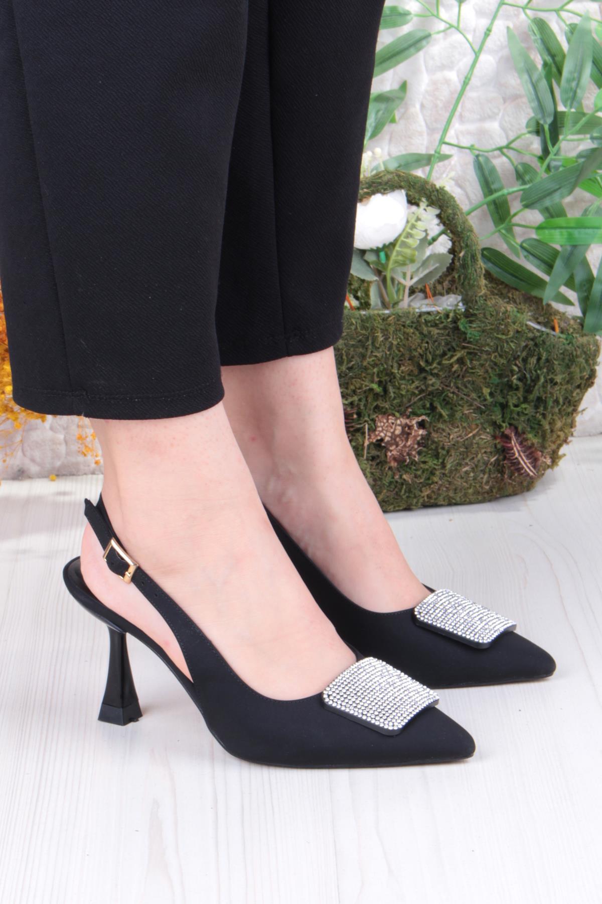 132-1333 Fls Saten Taşlı Toka Detaylı Arkası Açık Önü Kapalı Topuklu Kadın Ayakkabı - Görsel 4