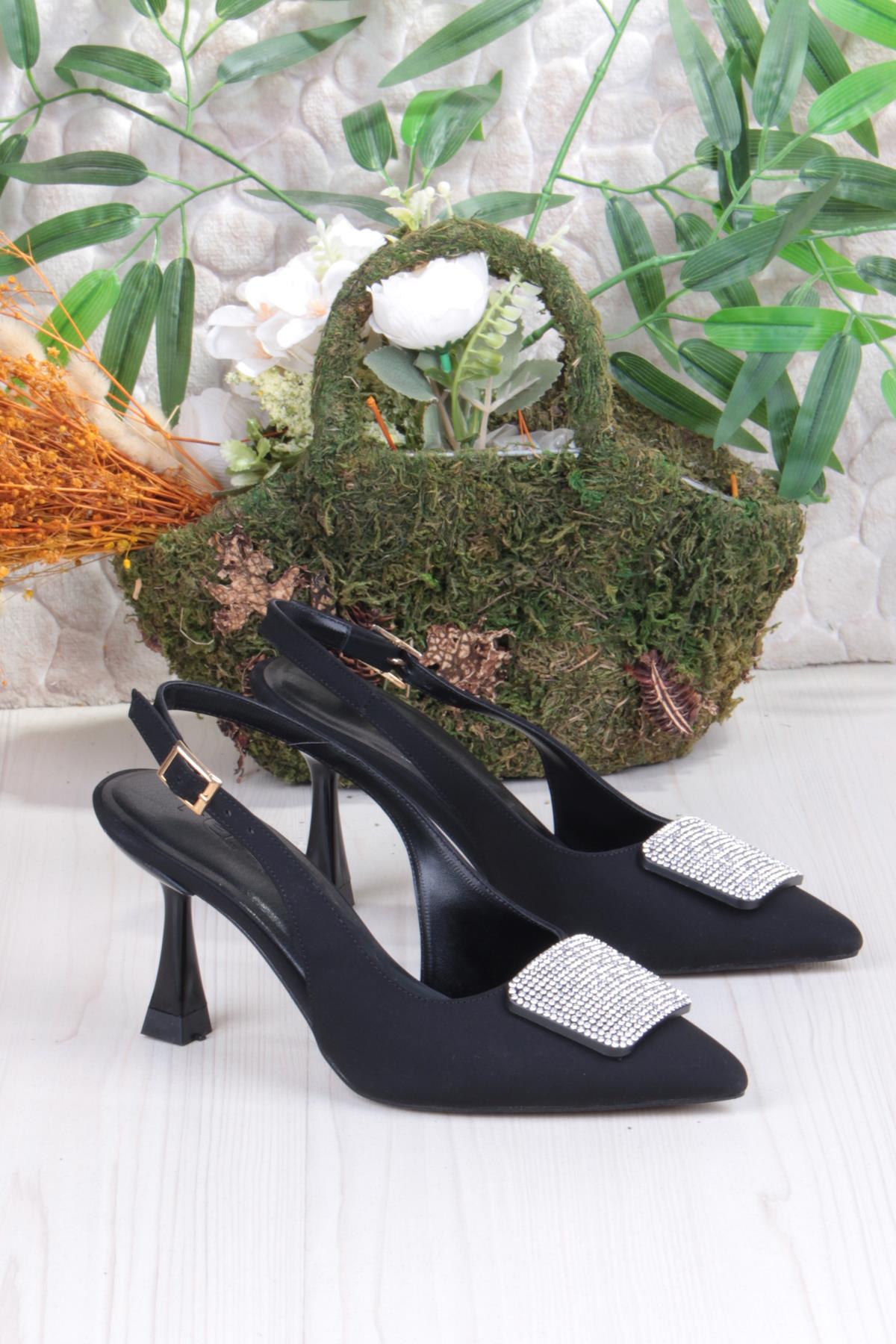 132-1333 Fls Saten Taşlı Toka Detaylı Arkası Açık Önü Kapalı Topuklu Kadın Ayakkabı - Görsel 6