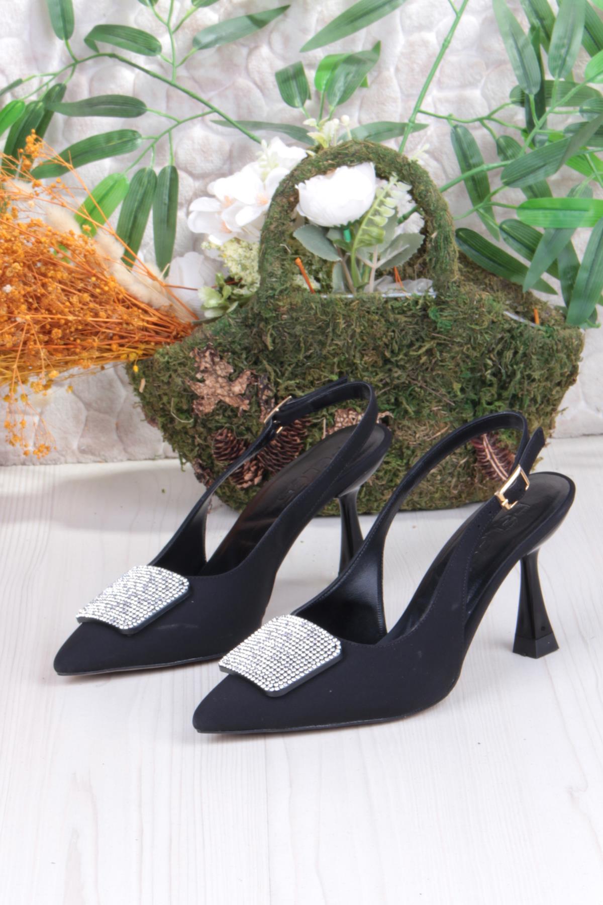 132-1333 Fls Saten Taşlı Toka Detaylı Arkası Açık Önü Kapalı Topuklu Kadın Ayakkabı - Görsel 7