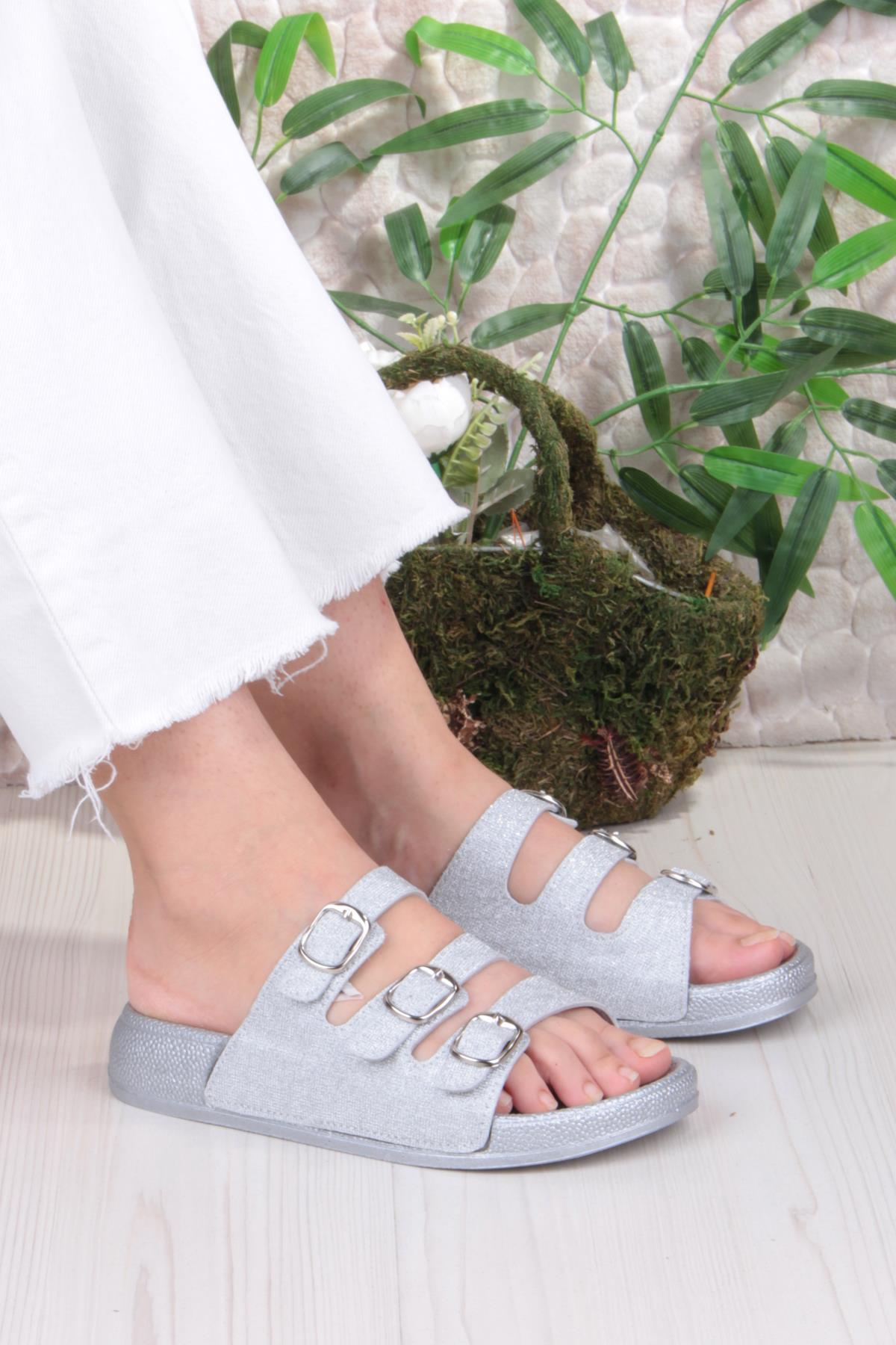 100403 Pienn Anatomik Esnek Rahat Simli Baskılı Üç Tokalı Kadın Terlik - Görsel 2