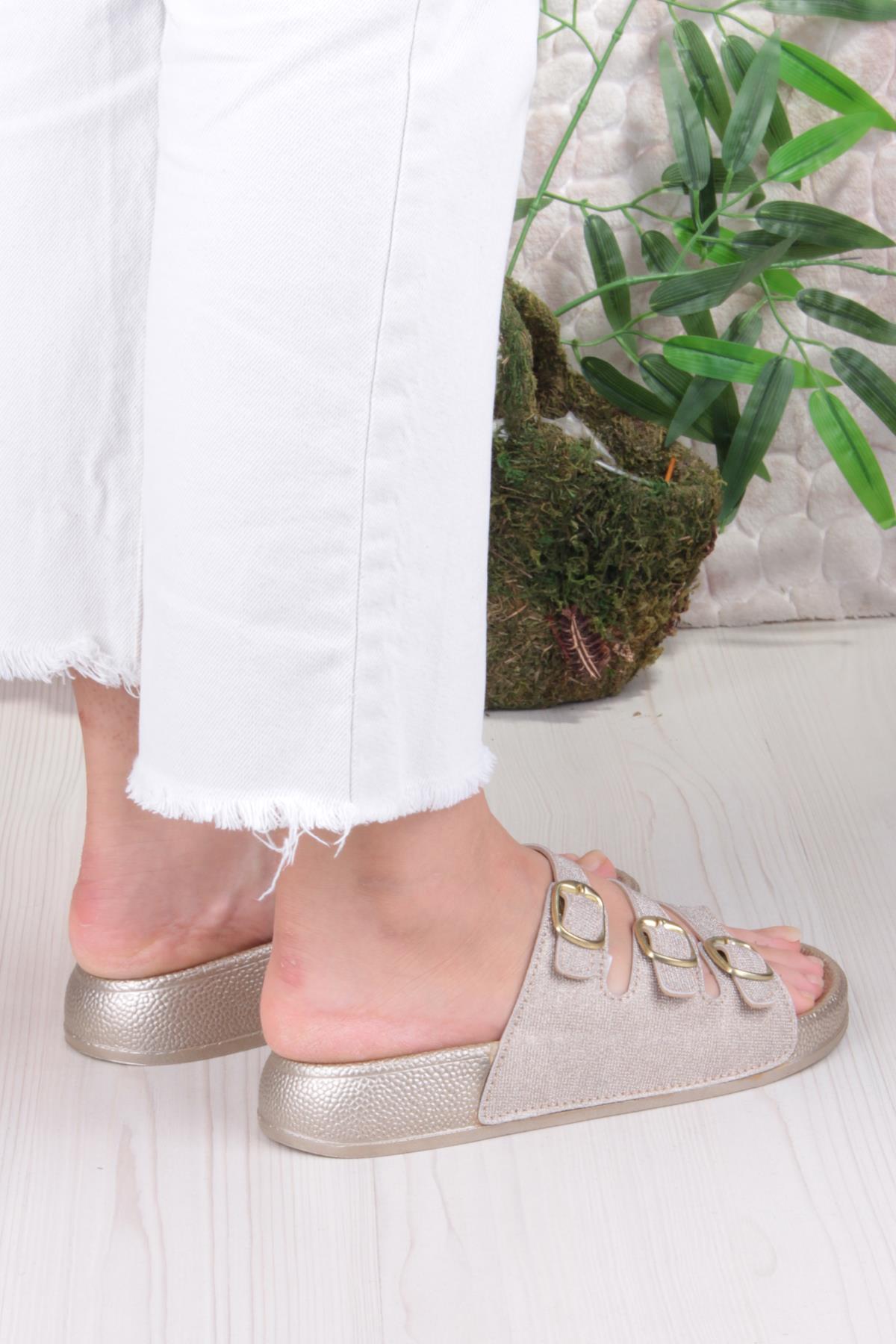 100403 Pienn Anatomik Esnek Rahat Simli Baskılı Üç Tokalı Kadın Terlik - Görsel 5