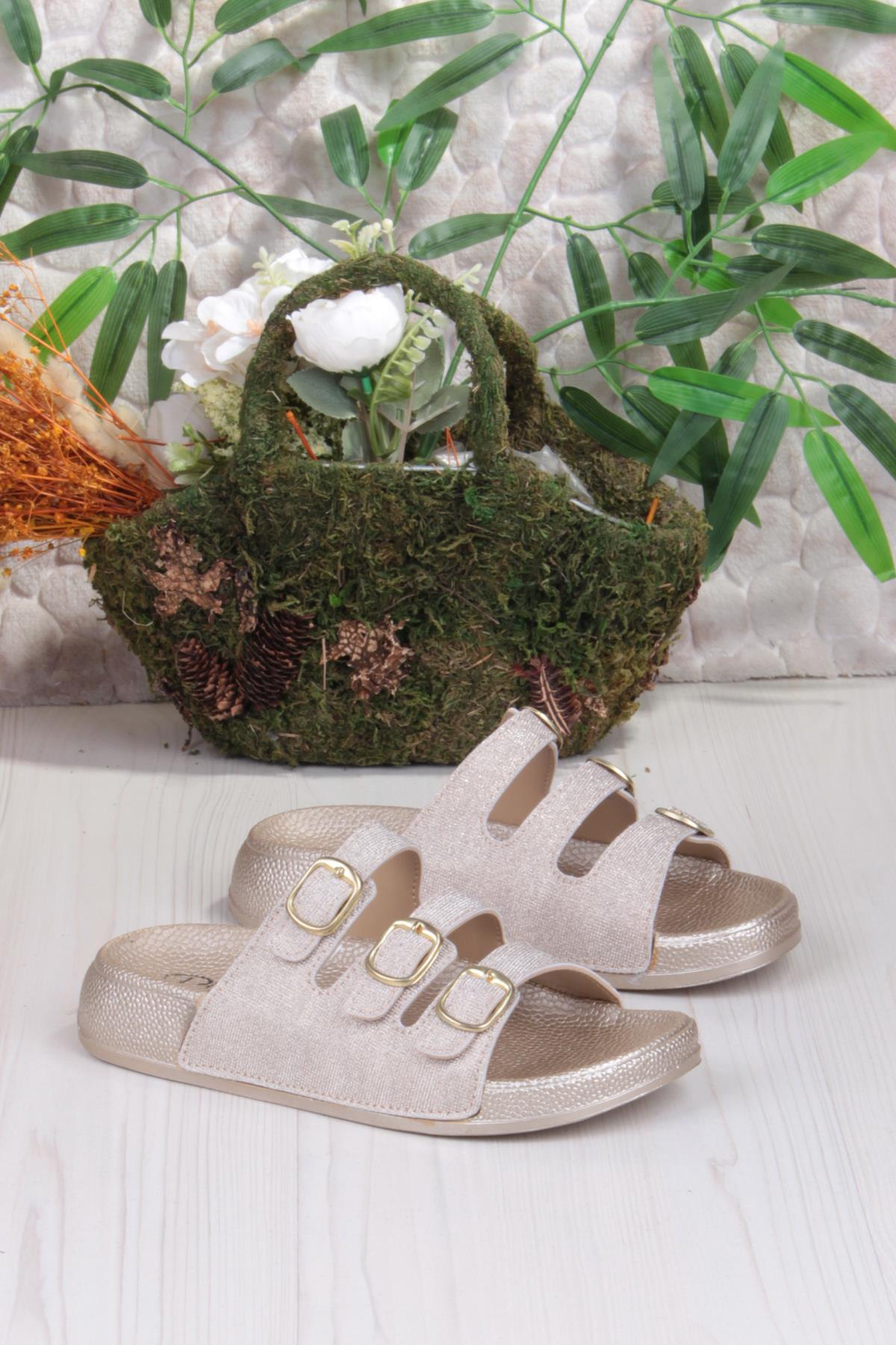 100403 Pienn Anatomik Esnek Rahat Simli Baskılı Üç Tokalı Kadın Terlik - Görsel 6