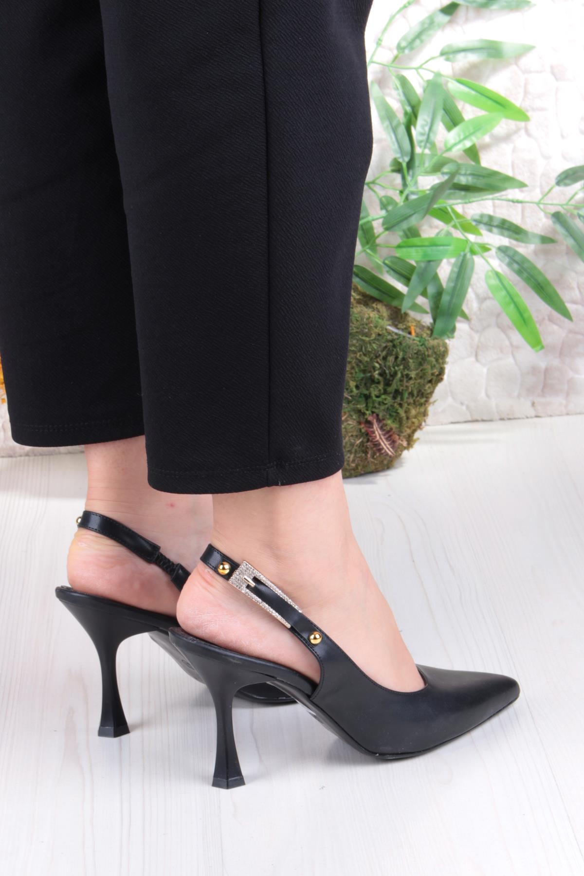 086-5047 Fls Önü Kapalı Taşlı Toka Detaylı Arkası Açık Topuklu Ayakkabı - Görsel 5