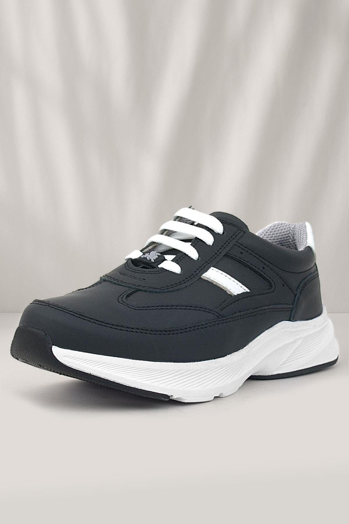 Hakiki Deri Anatomik Siyah Beyaz Bağcıklı Hafif Çocuk Spor Ayakkabı - Görsel 4