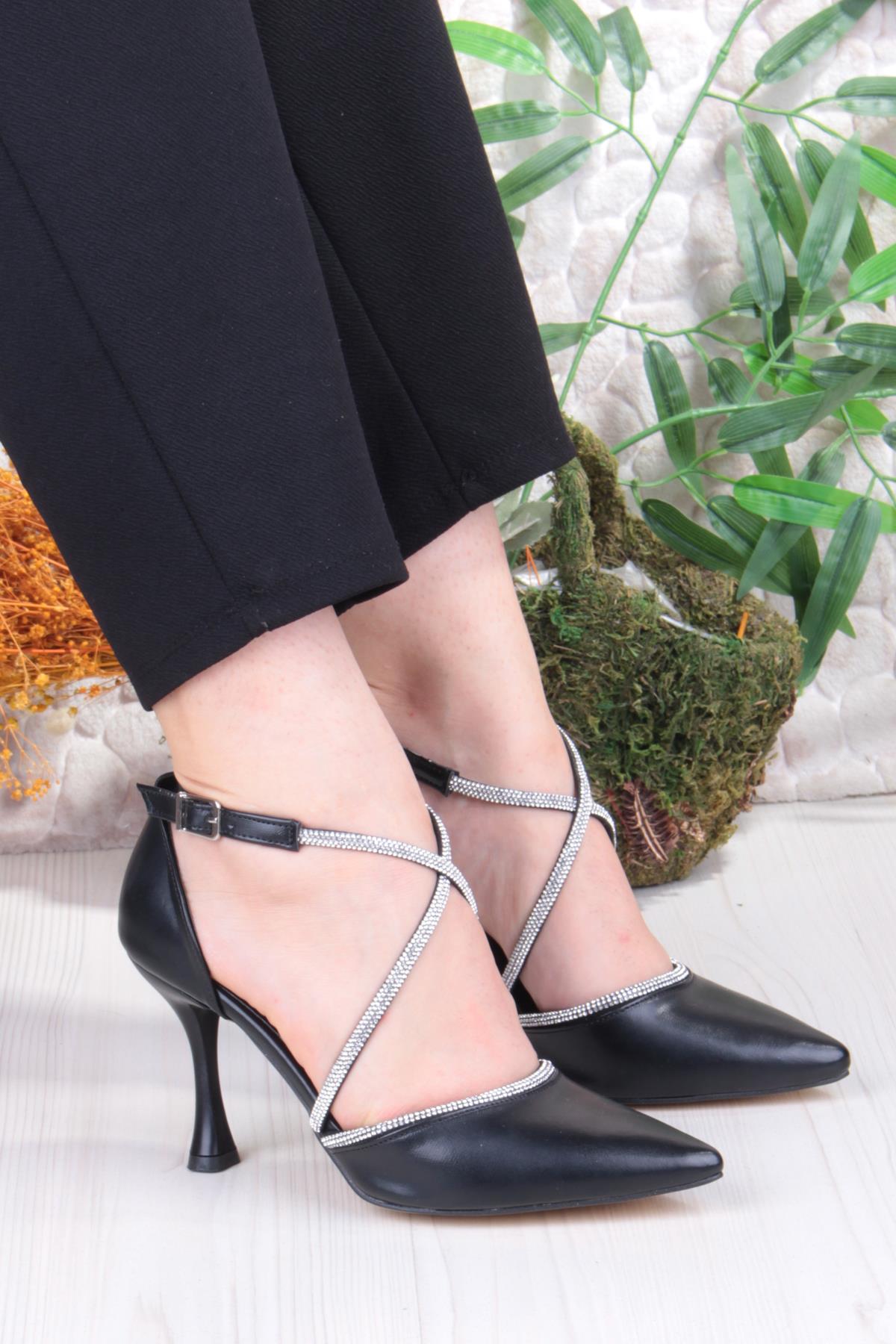 35693 Cilt Çapraz Bantlı Biye Taşlı Topuklu Abiye Ayakkabı Kadın Ayakkabı - Görsel 2