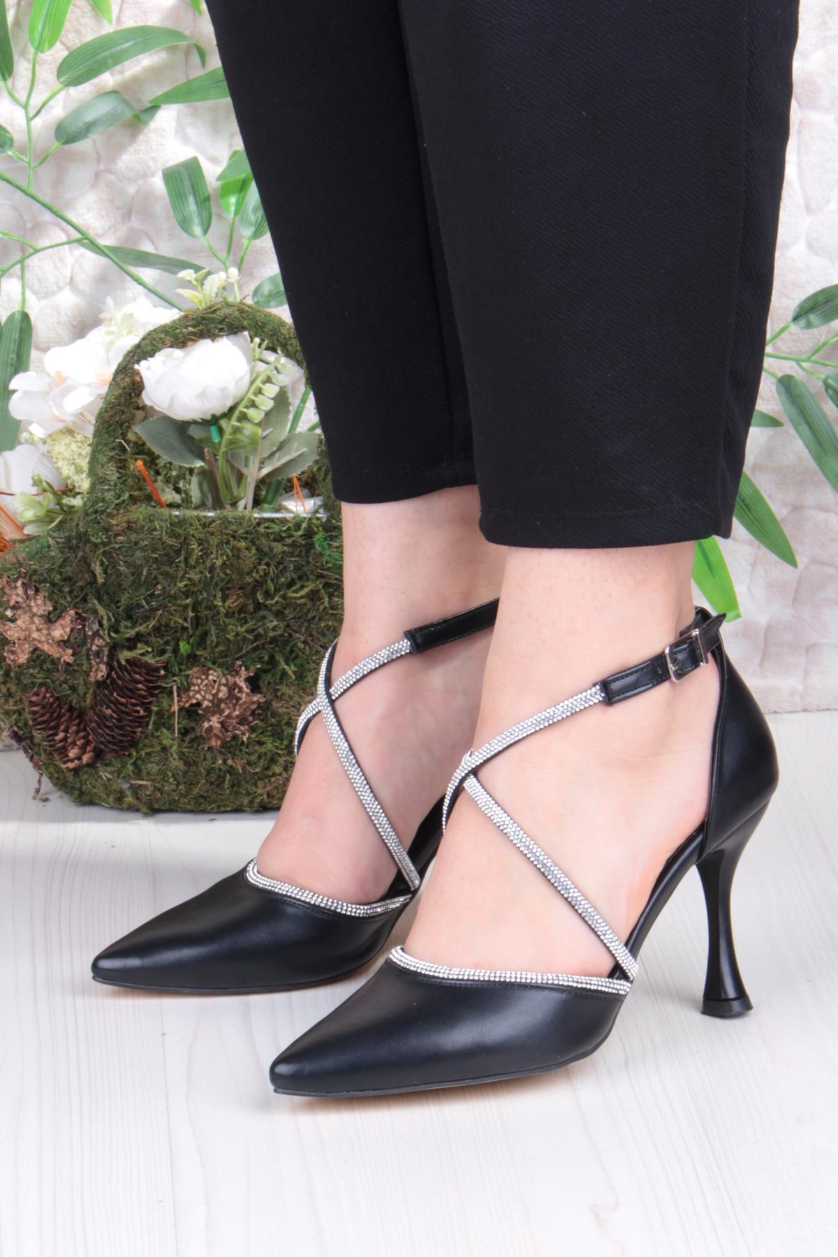 35693 Cilt Çapraz Bantlı Biye Taşlı Topuklu Abiye Ayakkabı Kadın Ayakkabı - Görsel 3