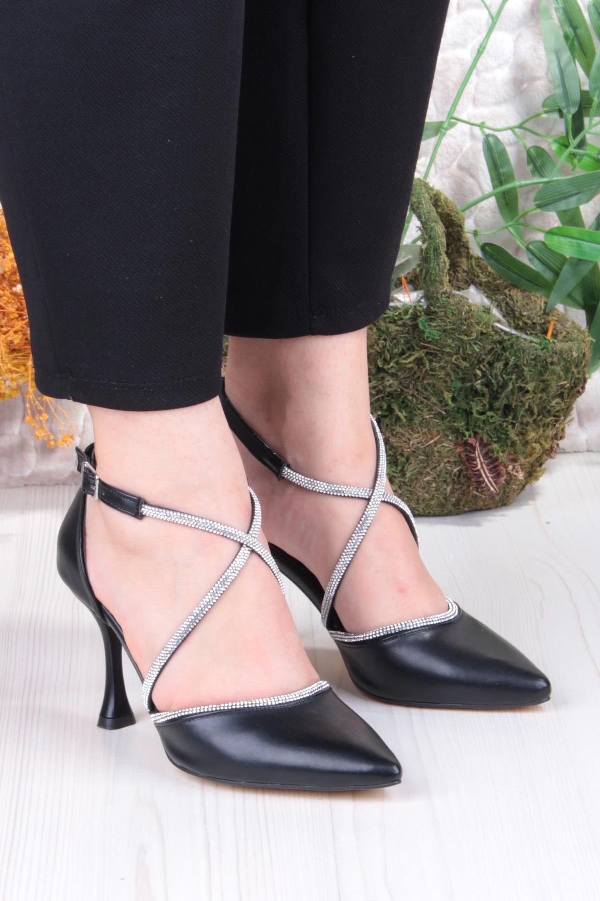 35693 Cilt Çapraz Bantlı Biye Taşlı Topuklu Abiye Ayakkabı Kadın Ayakkabı - Görsel 4