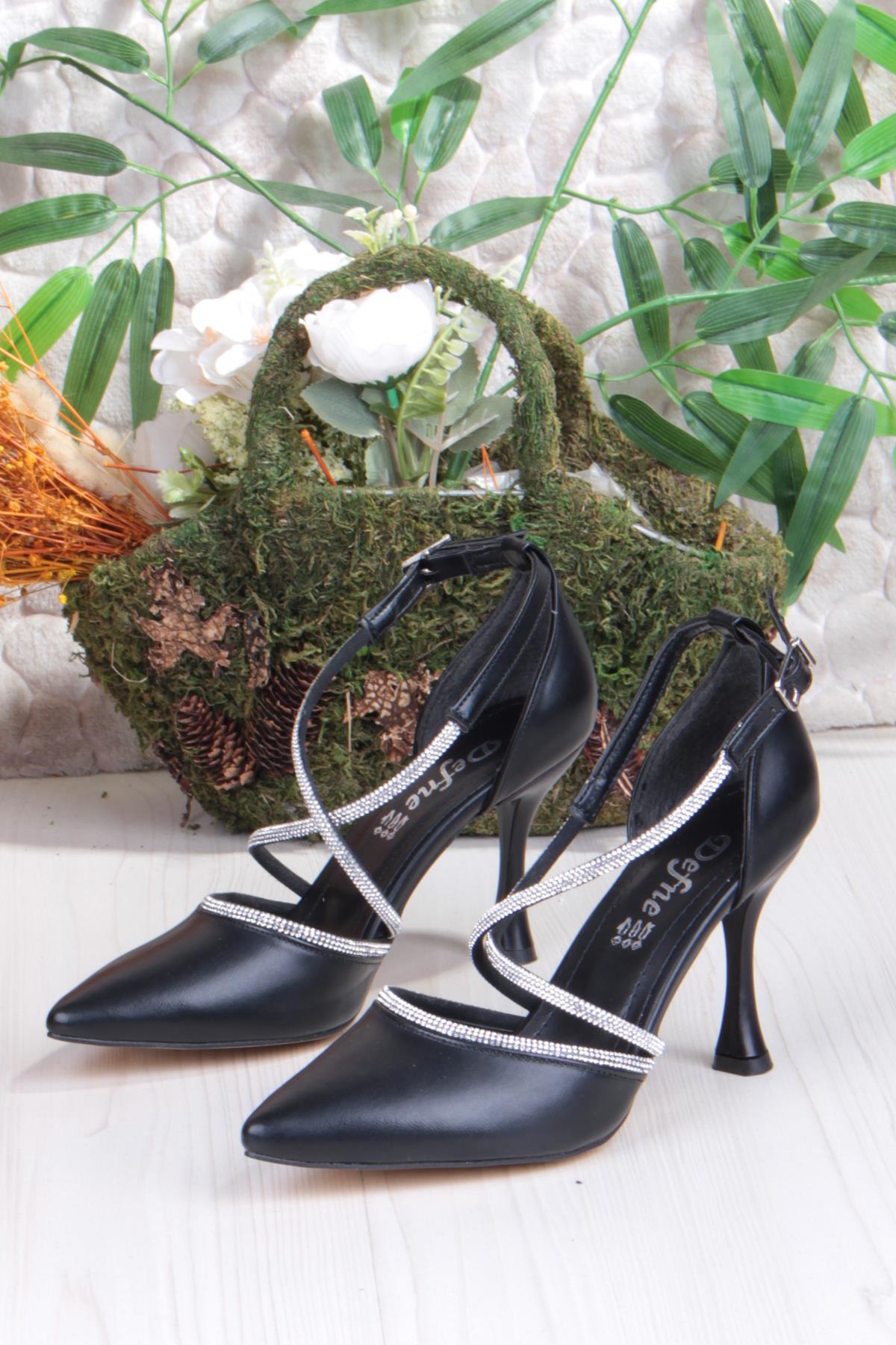 35693 Cilt Çapraz Bantlı Biye Taşlı Topuklu Abiye Ayakkabı Kadın Ayakkabı - Görsel 7