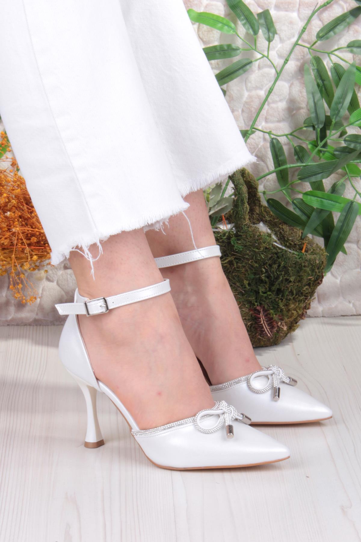 35695 Saten Fiyonklu Biye Taşlı Topuklu Abiye Ayakkabı Kadın Ayakkabı - Görsel 2