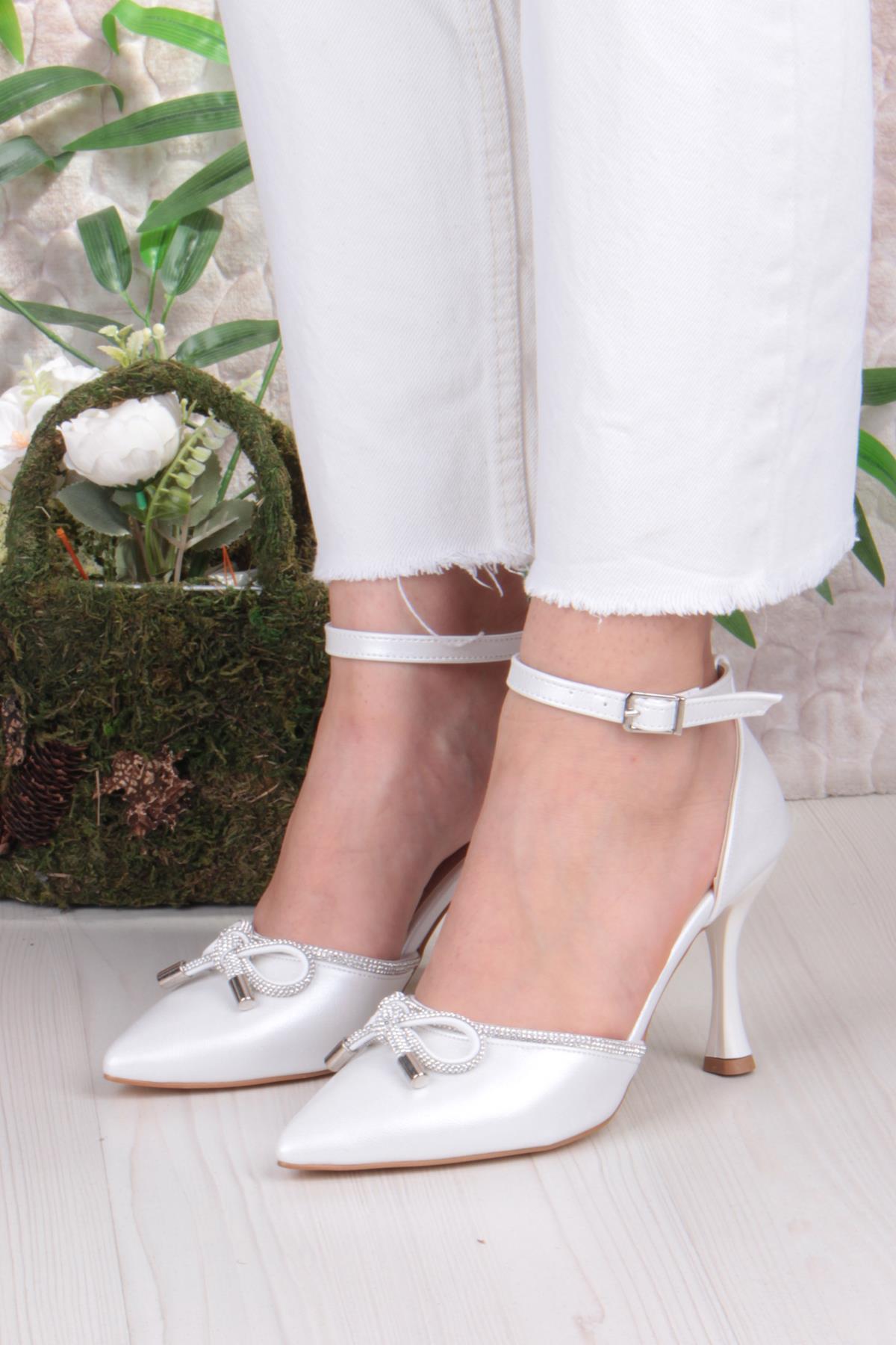 35695 Saten Fiyonklu Biye Taşlı Topuklu Abiye Ayakkabı Kadın Ayakkabı - Görsel 3