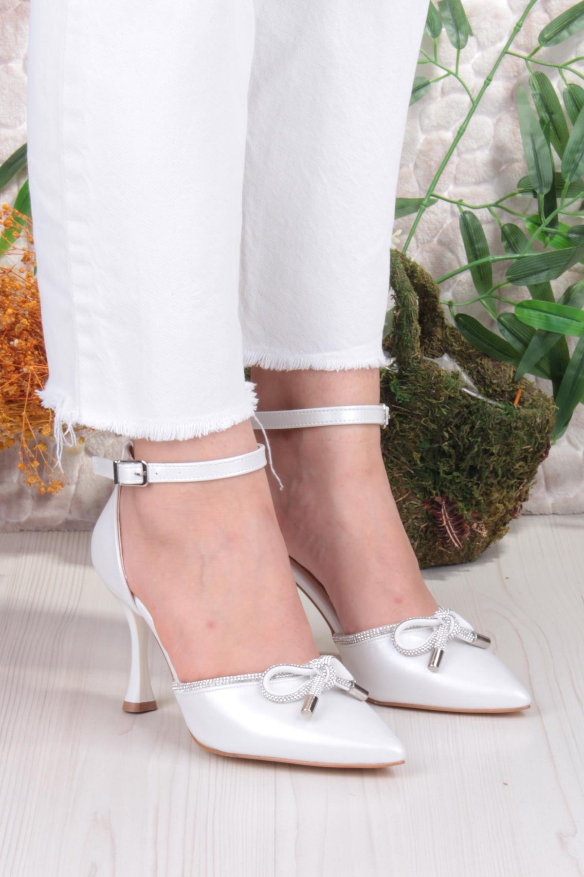 35695 Saten Fiyonklu Biye Taşlı Topuklu Abiye Ayakkabı Kadın Ayakkabı - Görsel 4