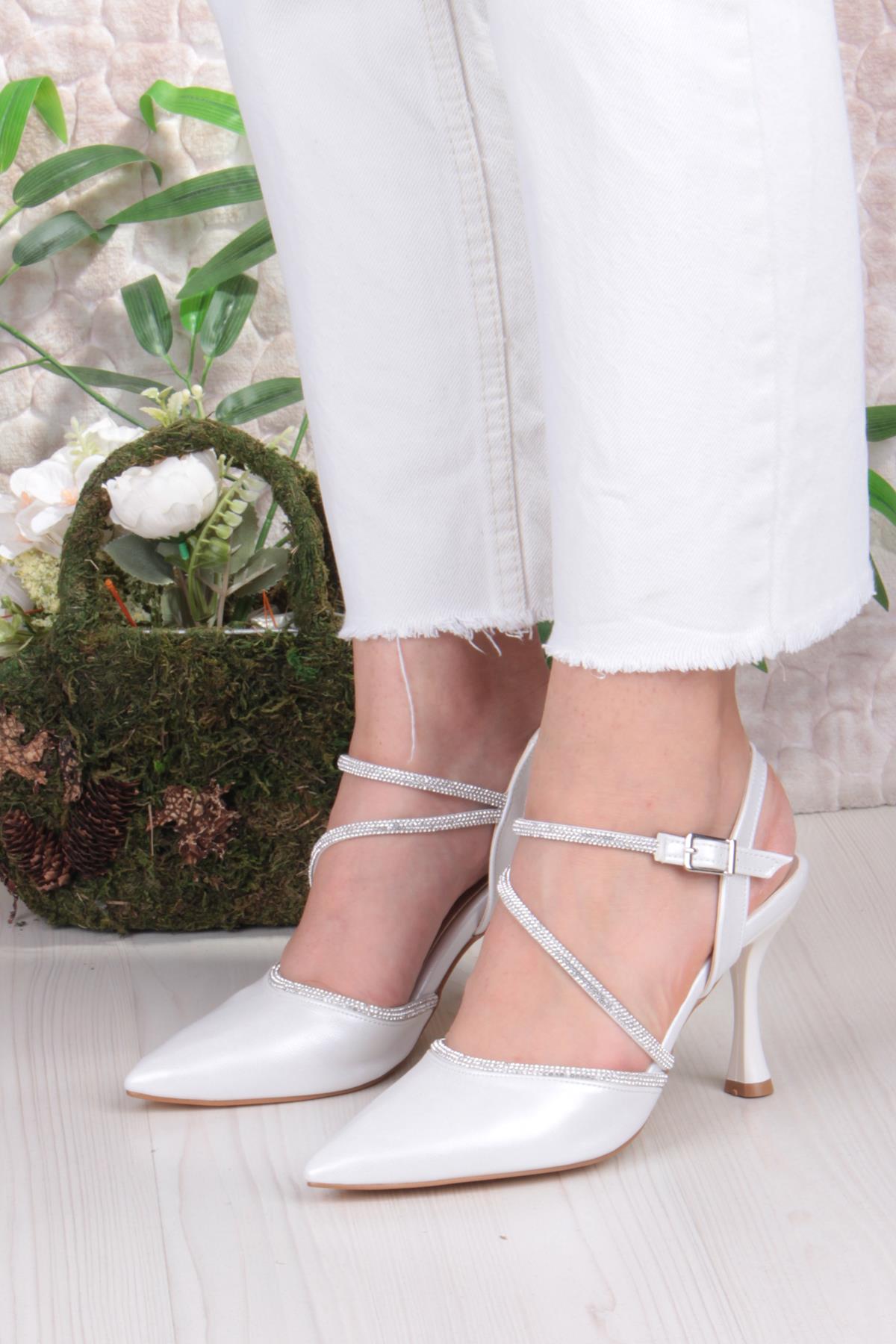 35691 Saten Biye Taşlı Topuklu Abiye Ayakkabı Kadın Ayakkabı - Görsel 3