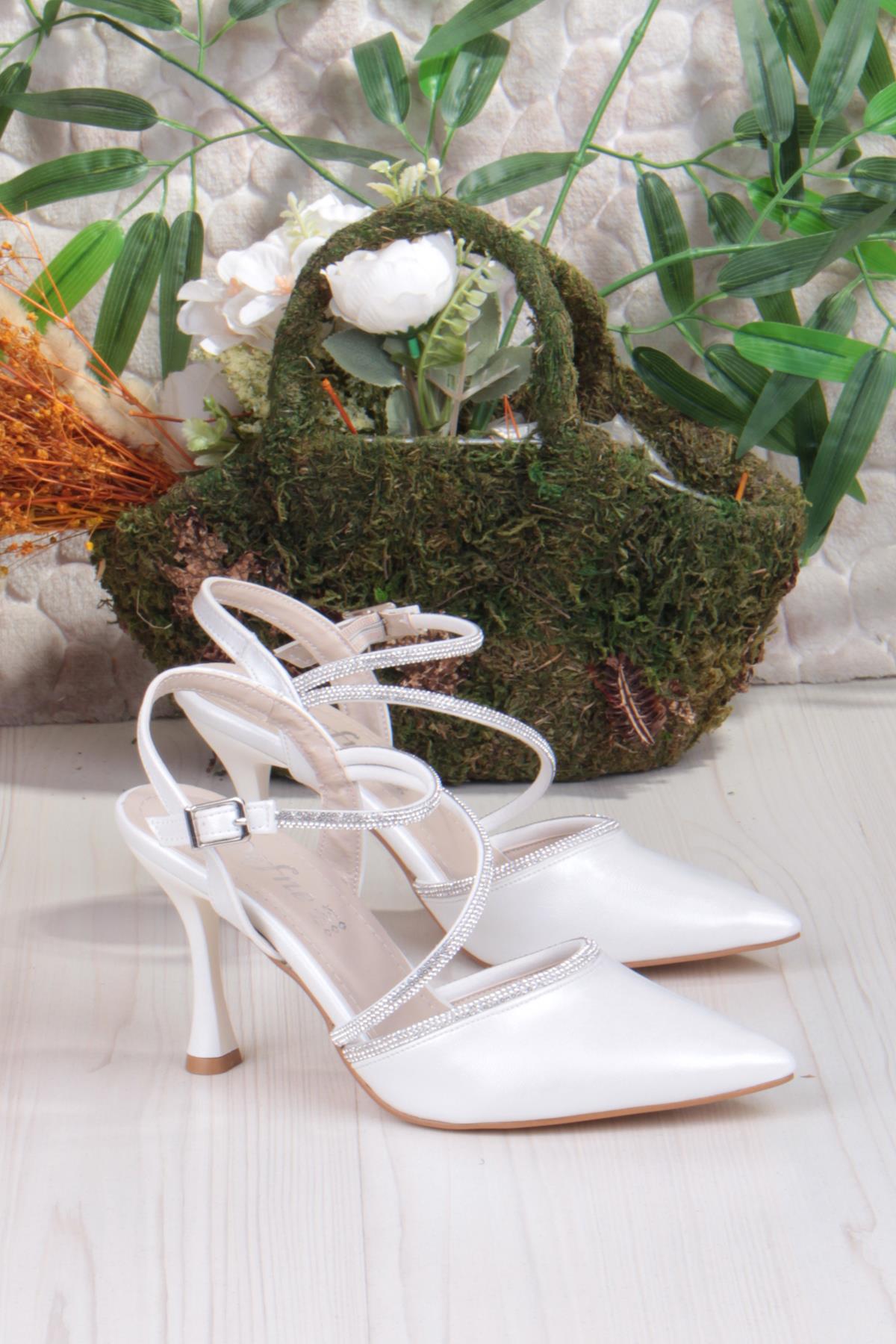 35691 Saten Biye Taşlı Topuklu Abiye Ayakkabı Kadın Ayakkabı - Görsel 6