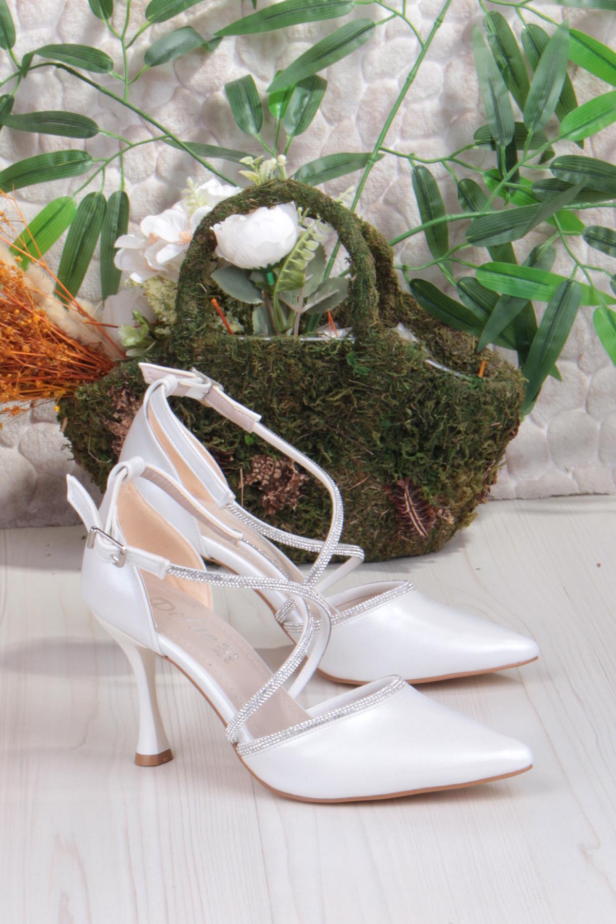 35693 Saten Çapraz Bantlı Biye Taşlı Topuklu Abiye Ayakkabı Kadın Ayakkabı - Görsel 6