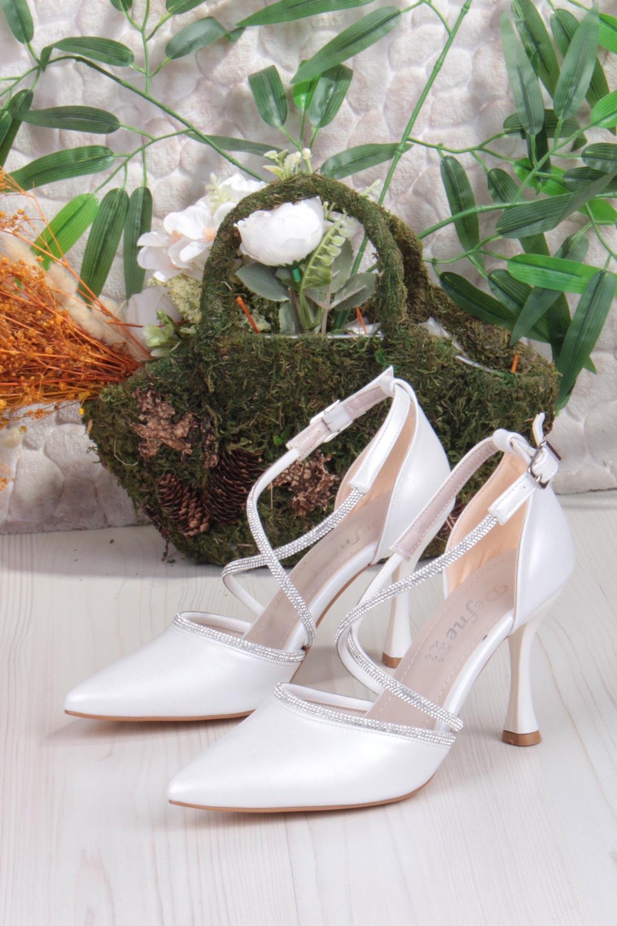 35693 Saten Çapraz Bantlı Biye Taşlı Topuklu Abiye Ayakkabı Kadın Ayakkabı - Görsel 7