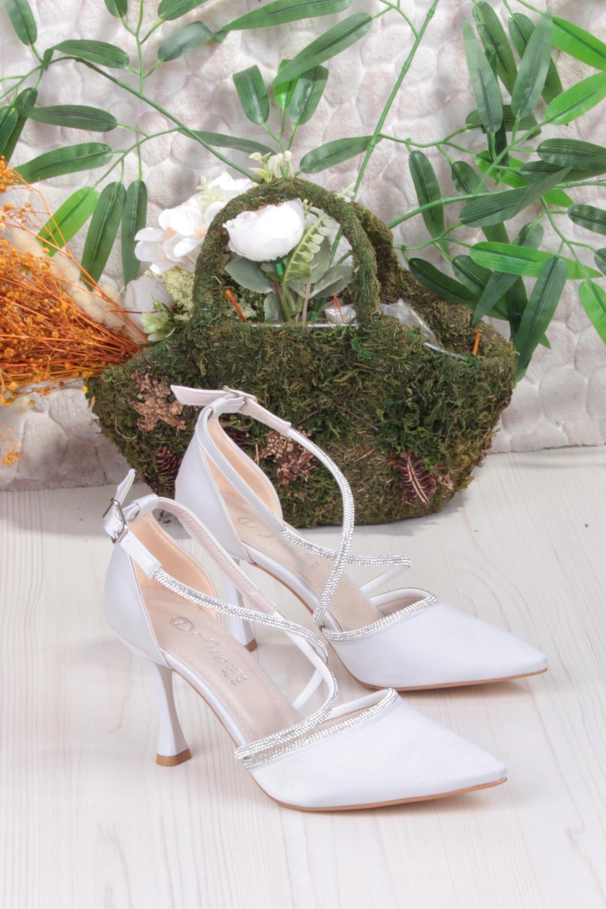 35693 Saten Çapraz Bantlı Biye Taşlı Topuklu Abiye Ayakkabı Kadın Ayakkabı - Görsel 6