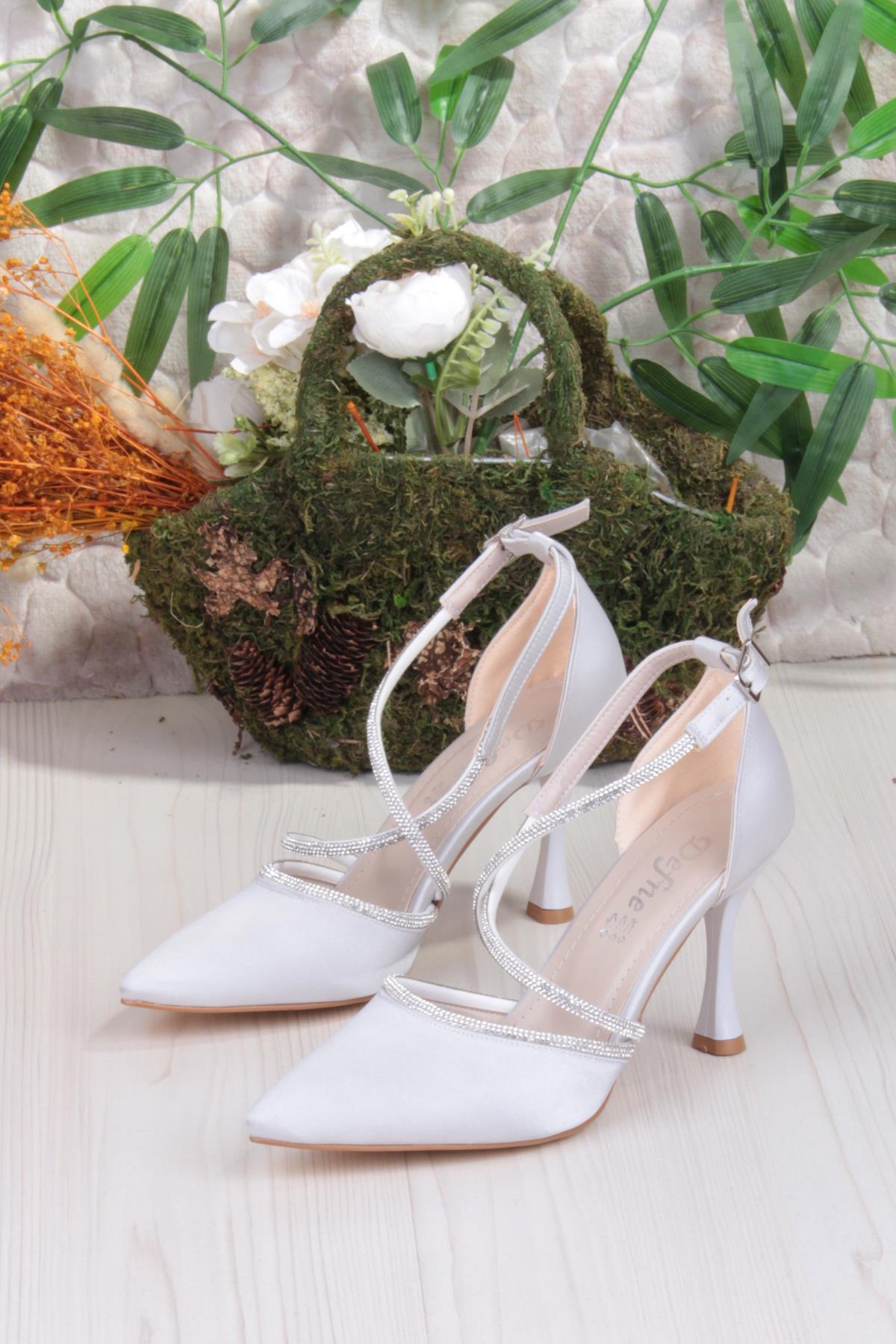 35693 Saten Çapraz Bantlı Biye Taşlı Topuklu Abiye Ayakkabı Kadın Ayakkabı - Görsel 7