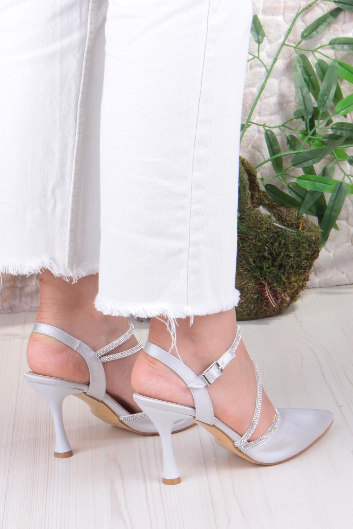 35691 Saten Biye Taşlı Topuklu Abiye Ayakkabı Kadın Ayakkabı - Görsel 5